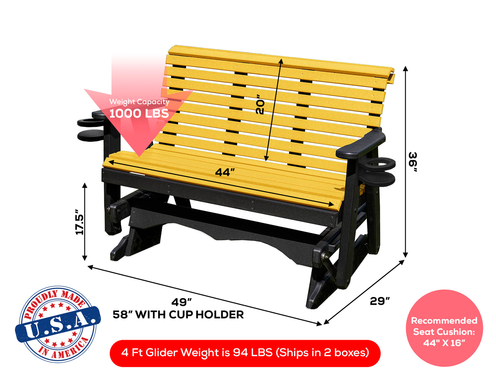 Glider Handmade by Amish Artisans in USA Poly Lumber wood Lancaster series Roll Back Porch Glider Heavy Duty Everlasting PolyTuf HDPE