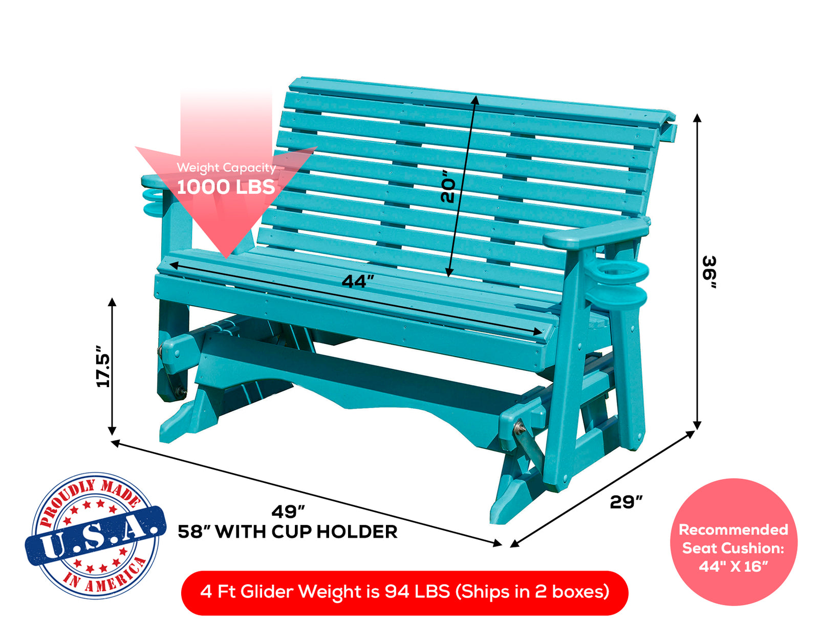Amish Made Lancaster Series Poly Plastic Lumber Wood Glider Premium Colors Made in USA HDPE with No wood fibers Memorial Patio Porch Glider Rollback design 1000 lbs Limit+G4:G5