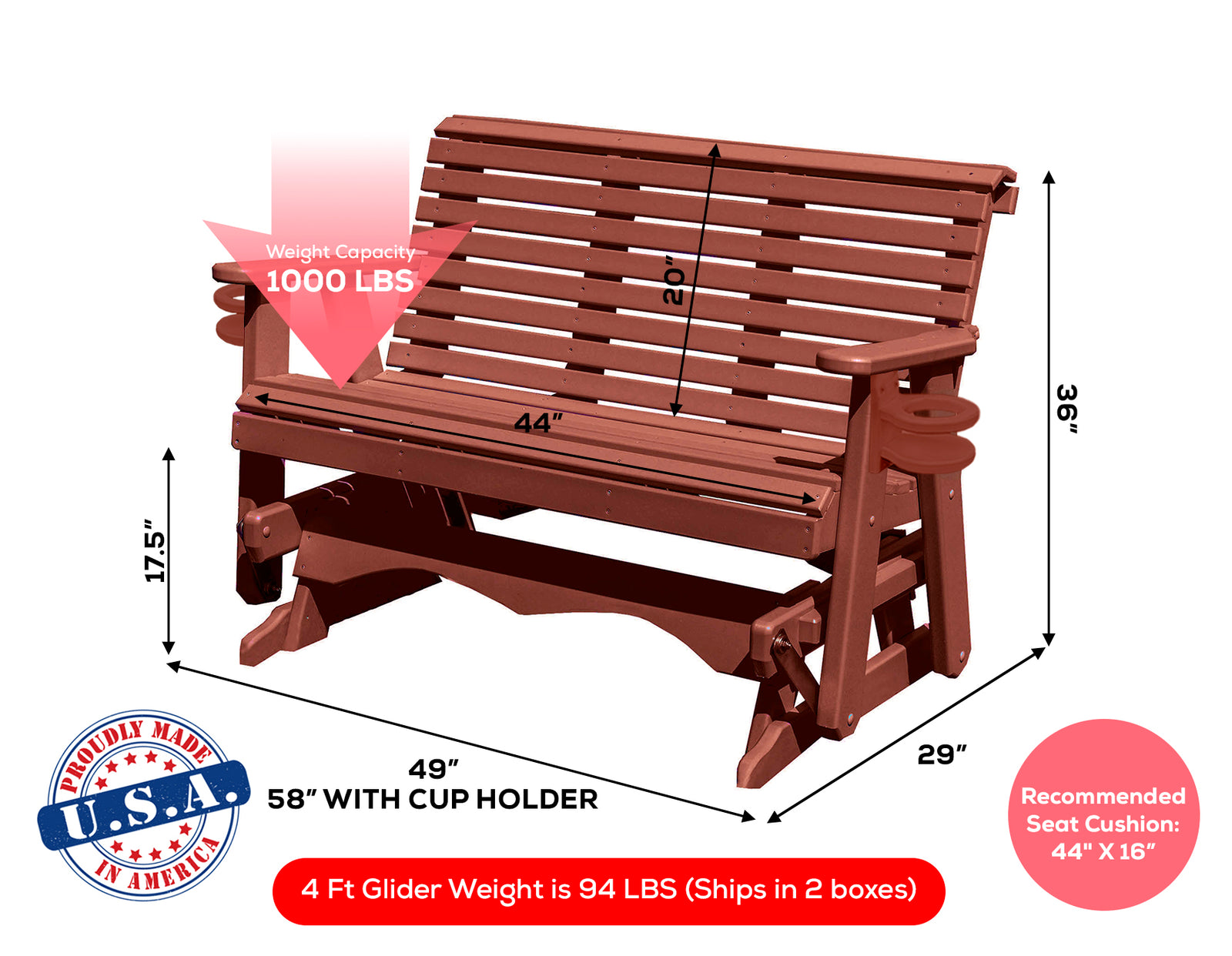 Amish Made Lancaster Series Poly Plastic Lumber Wood Glider Premium Colors Made in USA HDPE with No wood fibers Memorial Patio Porch Glider Rollback design 1000 lbs Limit+G4:G5