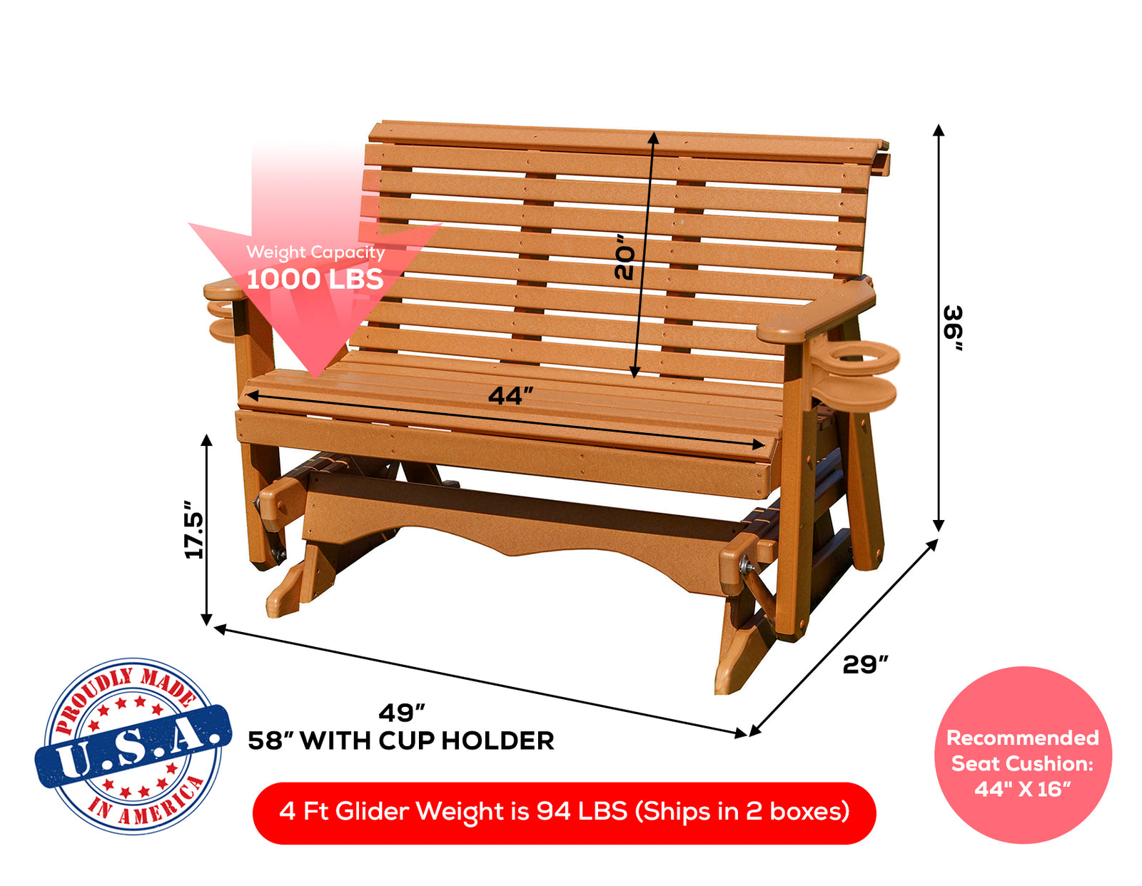 Amish Made Lancaster Series Poly Plastic Lumber Wood Glider Premium Colors Made in USA HDPE with No wood fibers Memorial Patio Porch Glider Rollback design 1000 lbs Limit+G4:G5