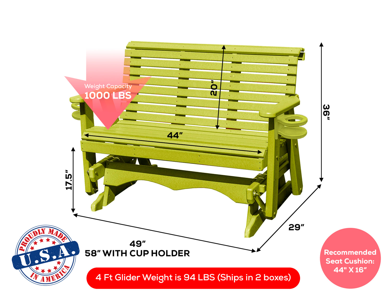 Amish Made Lancaster Series Poly Plastic Lumber Wood Glider Premium Colors Made in USA HDPE with No wood fibers Memorial Patio Porch Glider Rollback design 1000 lbs Limit+G4:G5