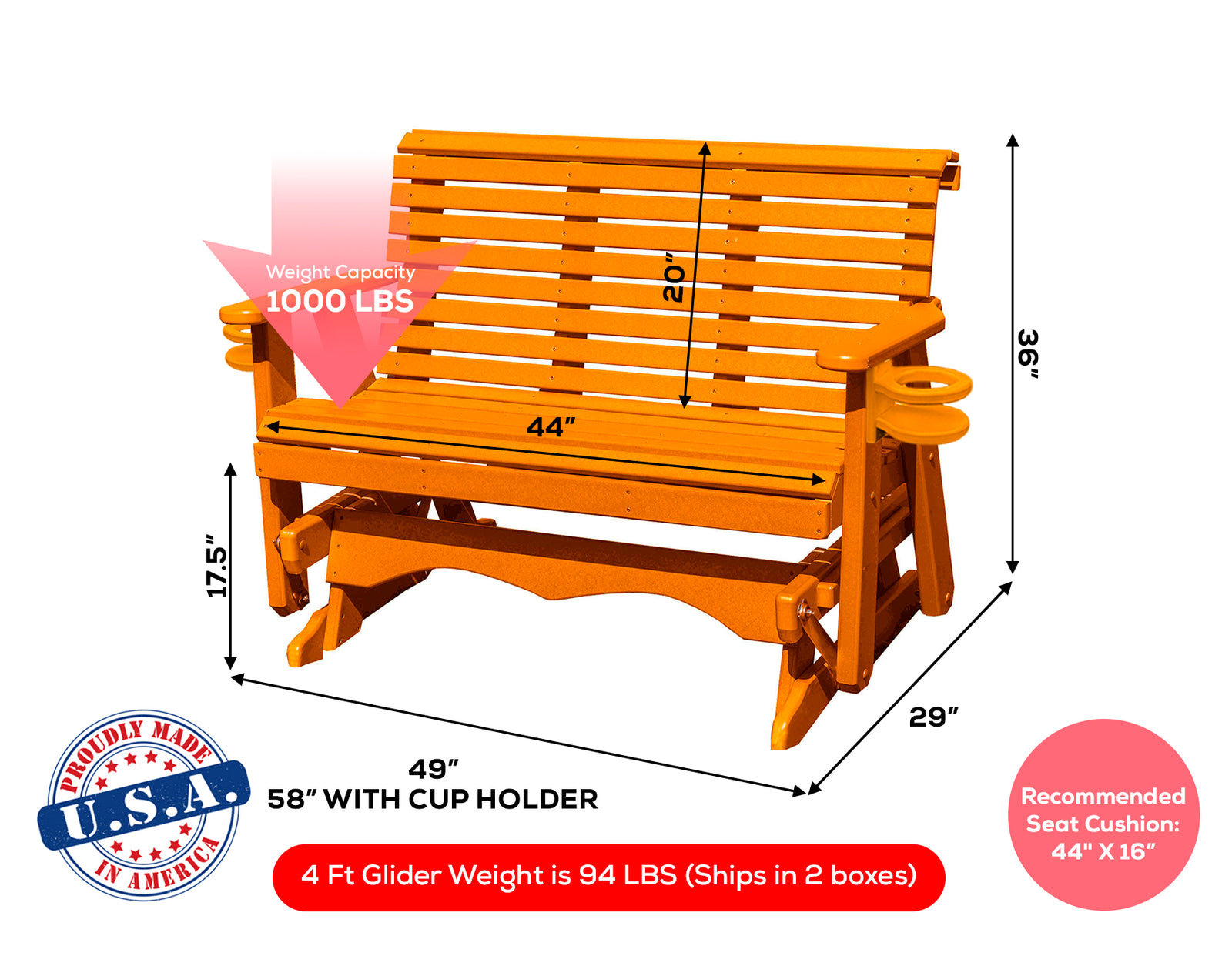 Amish Made Lancaster Series Poly Plastic Lumber Wood Glider Premium Colors Made in USA HDPE with No wood fibers Memorial Patio Porch Glider Rollback design 1000 lbs Limit+G4:G5