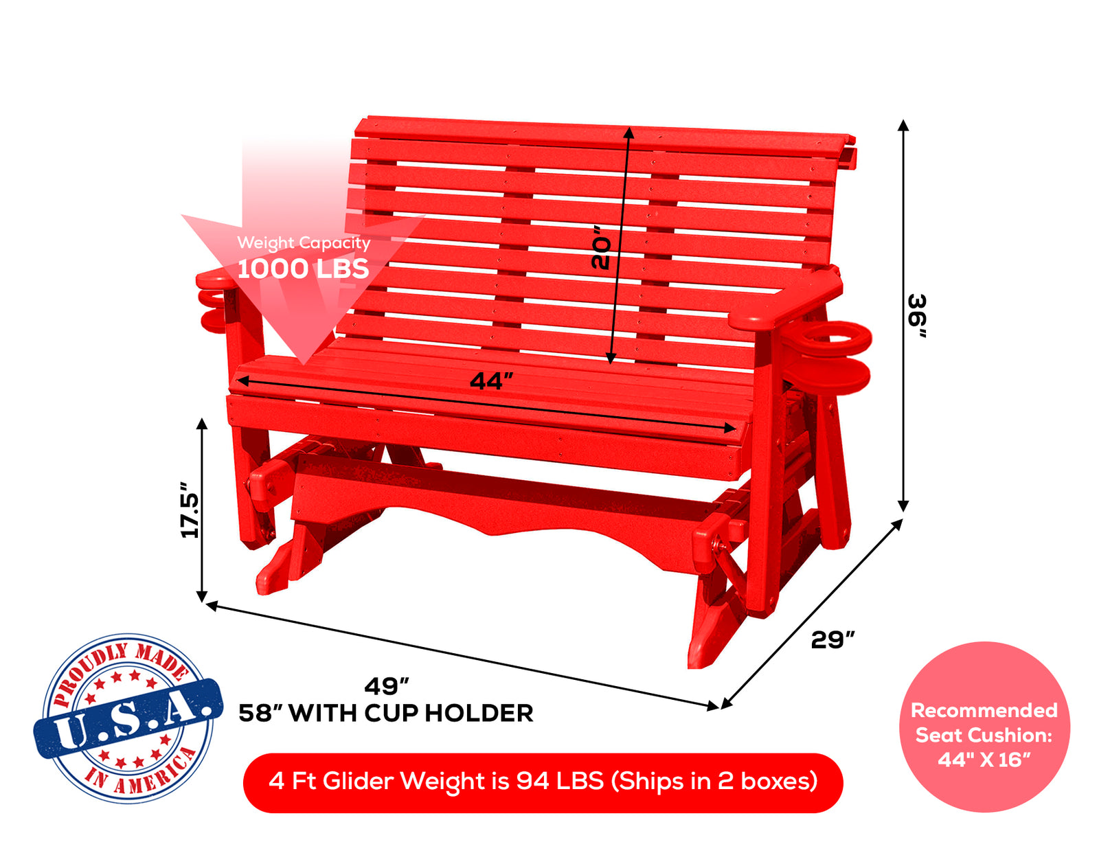 Amish Made Lancaster Series Poly Plastic Lumber Wood Glider Premium Colors Made in USA HDPE with No wood fibers Memorial Patio Porch Glider Rollback design 1000 lbs Limit+G4:G5