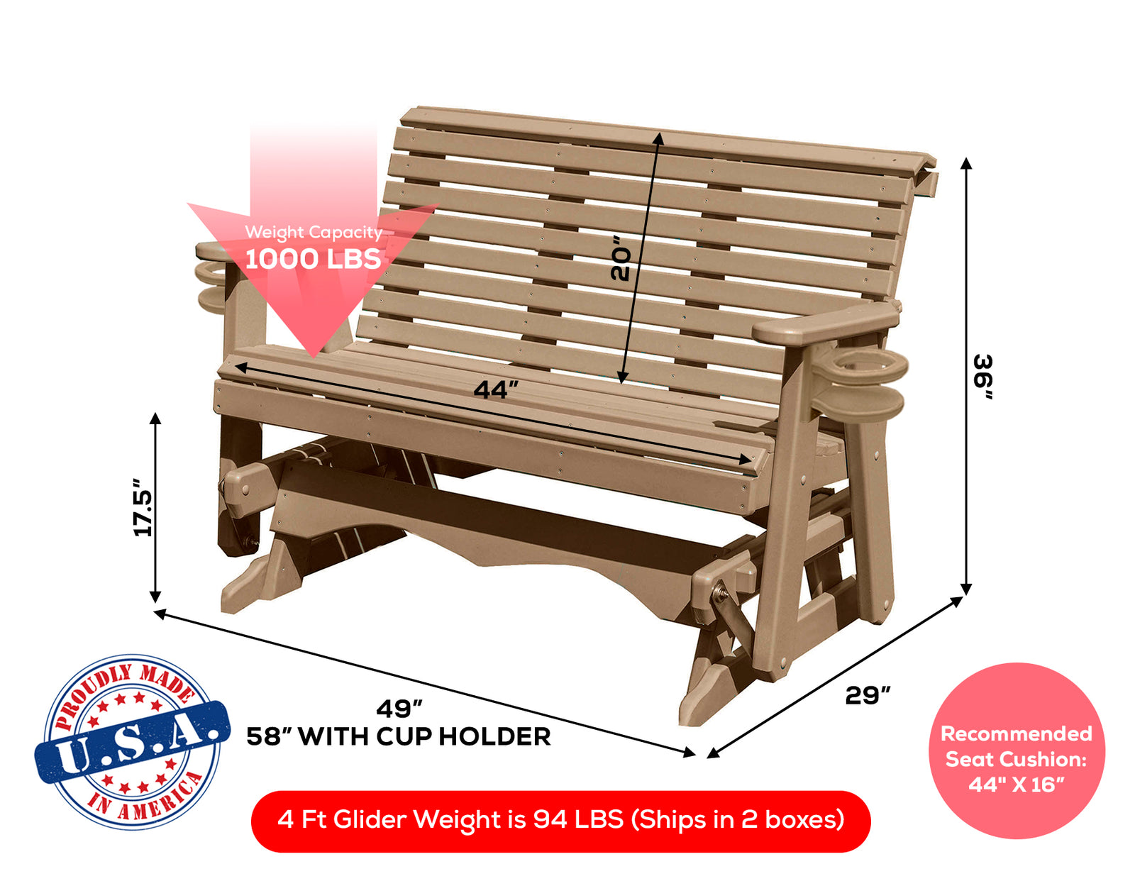 Amish Made Lancaster Series Poly Plastic Lumber Wood Glider Premium Colors Made in USA HDPE with No wood fibers Memorial Patio Porch Glider Rollback design 1000 lbs Limit+G4:G5