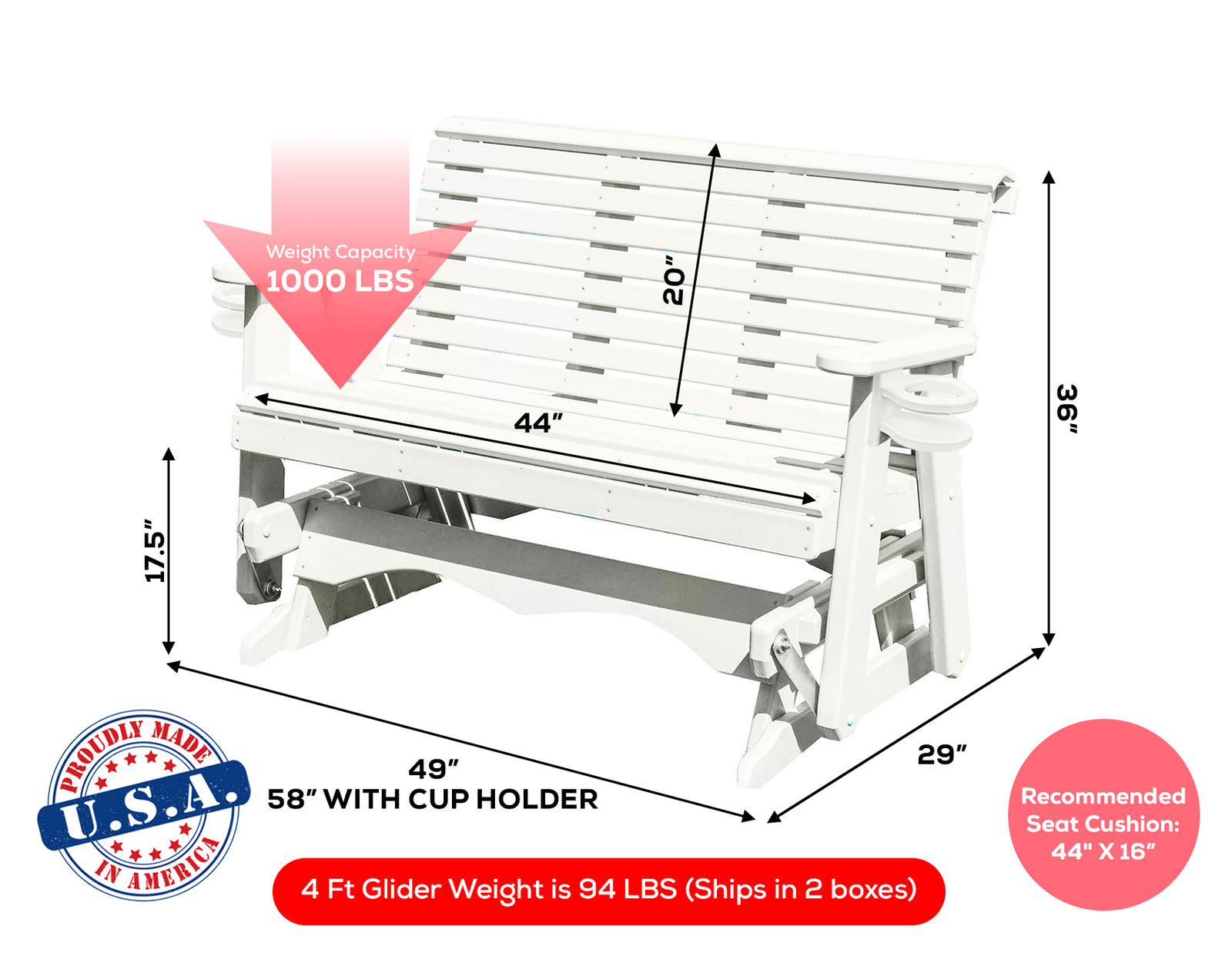 Amish Made Lancaster Series Poly Plastic Lumber Wood Glider Premium Colors Made in USA HDPE with No wood fibers Memorial Patio Porch Glider Rollback design 1000 lbs Limit+G4:G5