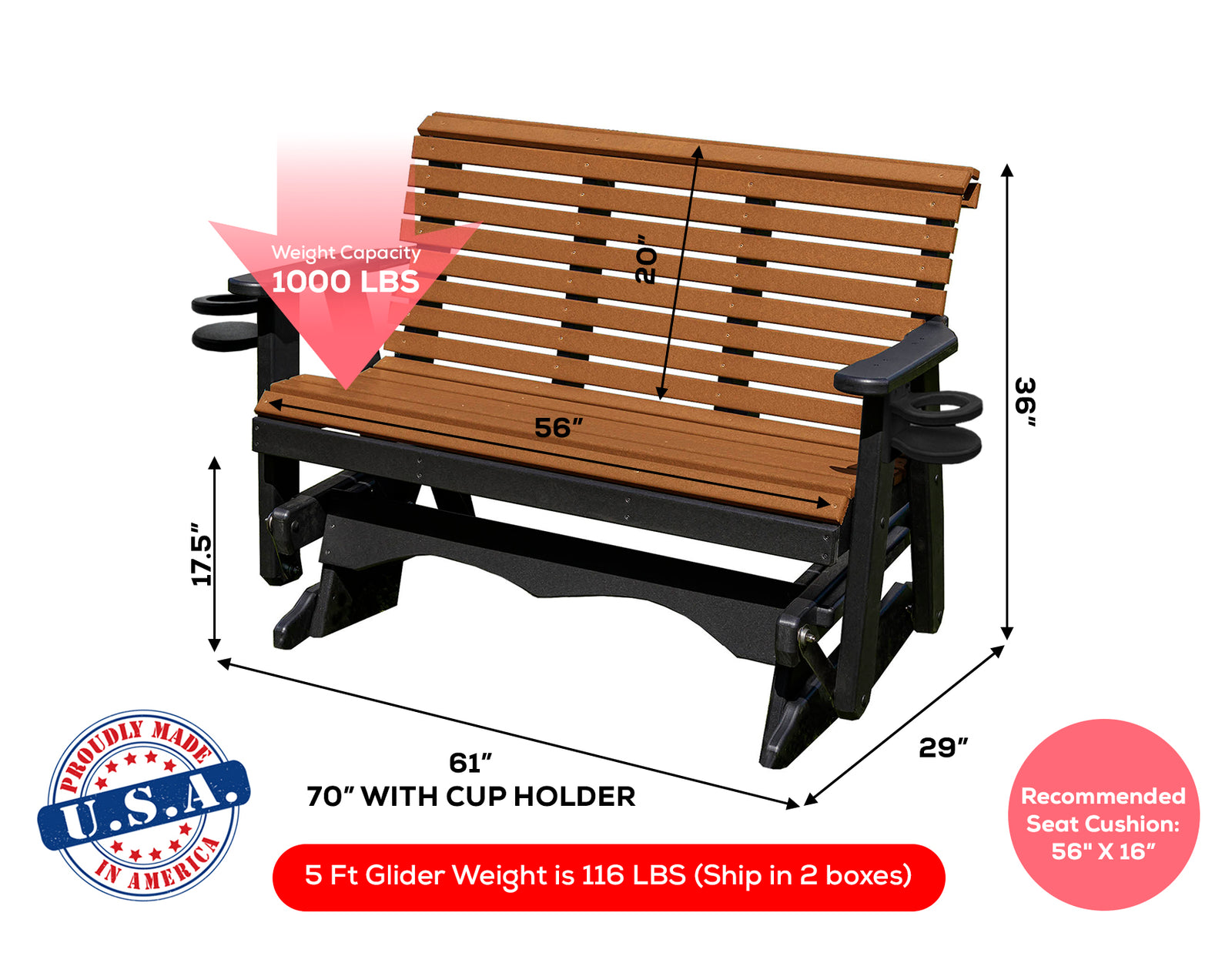 Glider Handmade by Amish Artisans in USA Poly Lumber wood Lancaster series Roll Back Porch Glider Heavy Duty Everlasting PolyTuf HDPE