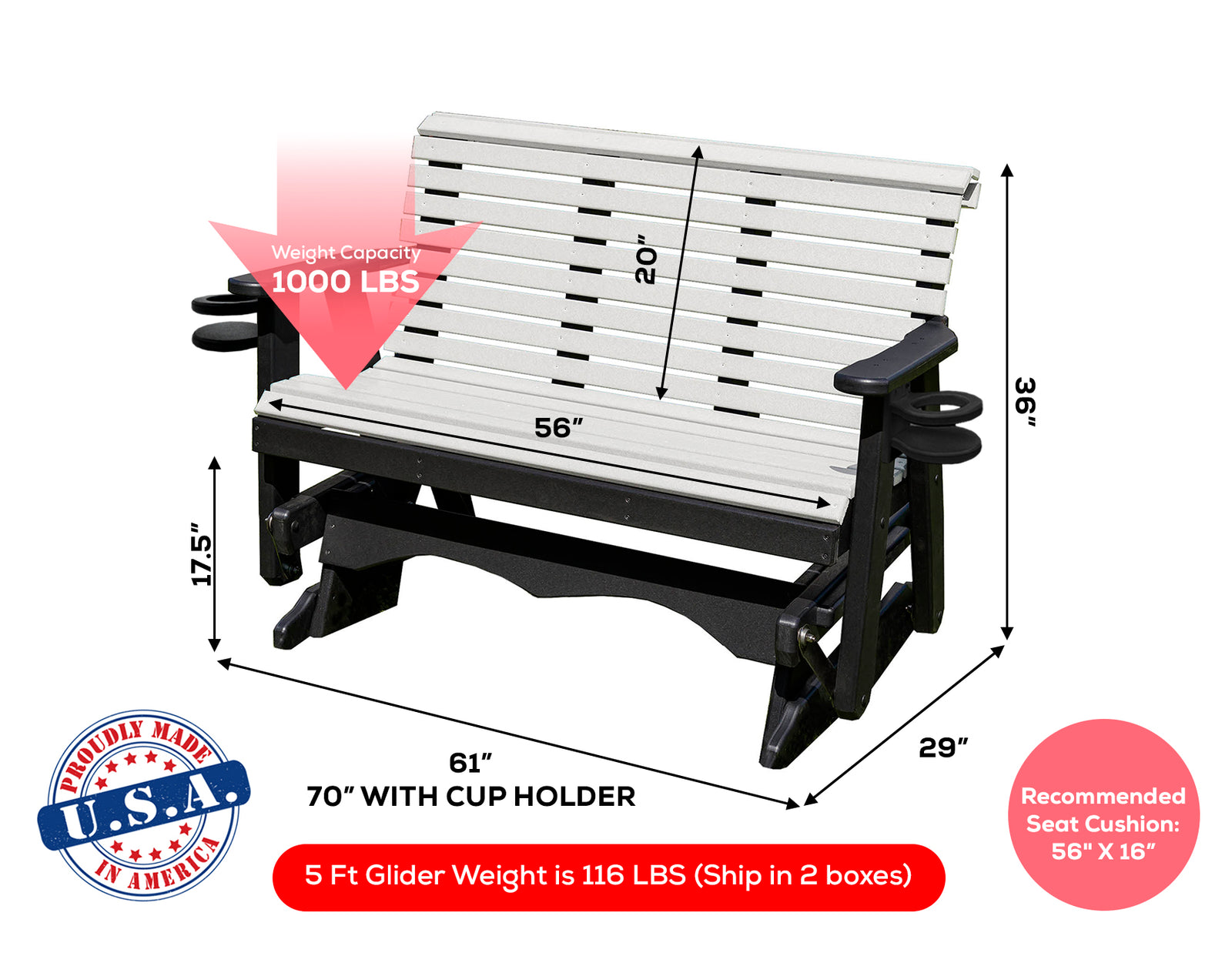 Glider Handmade by Amish Artisans in USA Poly Lumber wood Lancaster series Roll Back Porch Glider Heavy Duty Everlasting PolyTuf HDPE