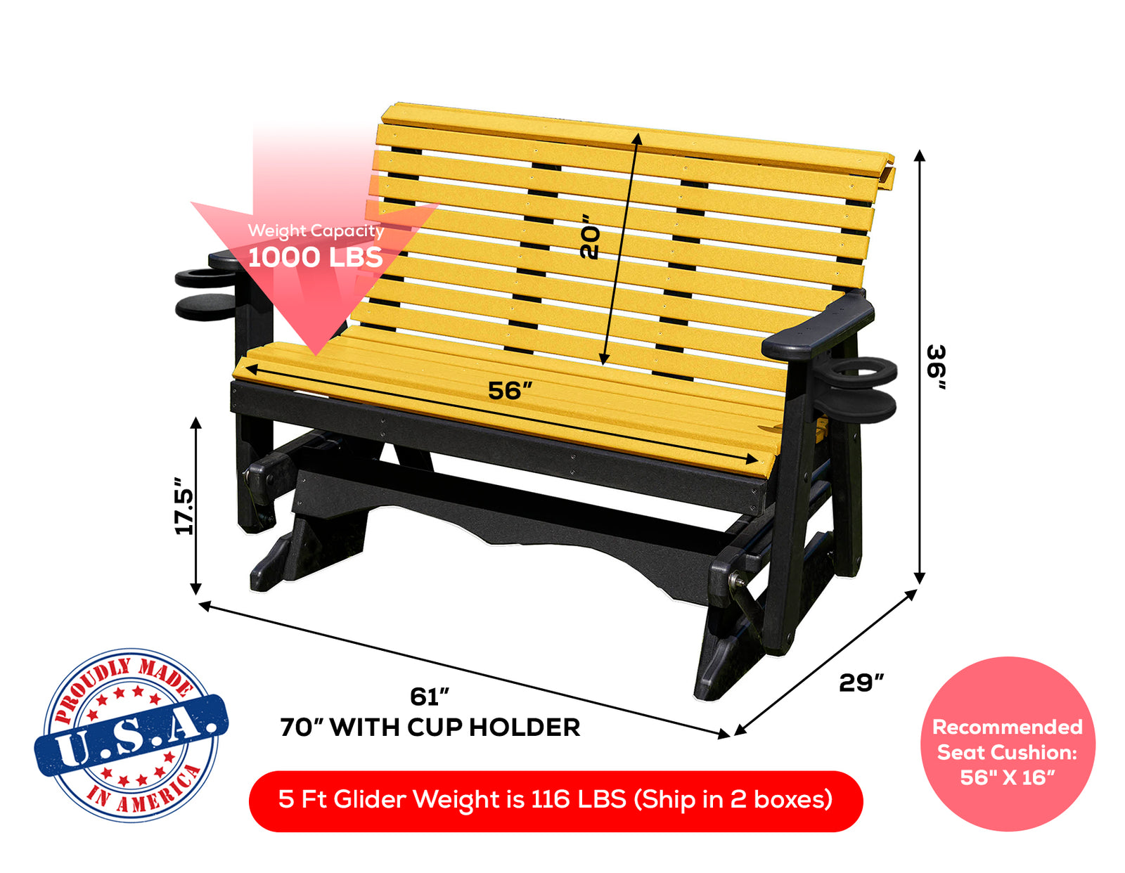 Glider Handmade by Amish Artisans in USA Poly Lumber wood Lancaster series Roll Back Porch Glider Heavy Duty Everlasting PolyTuf HDPE