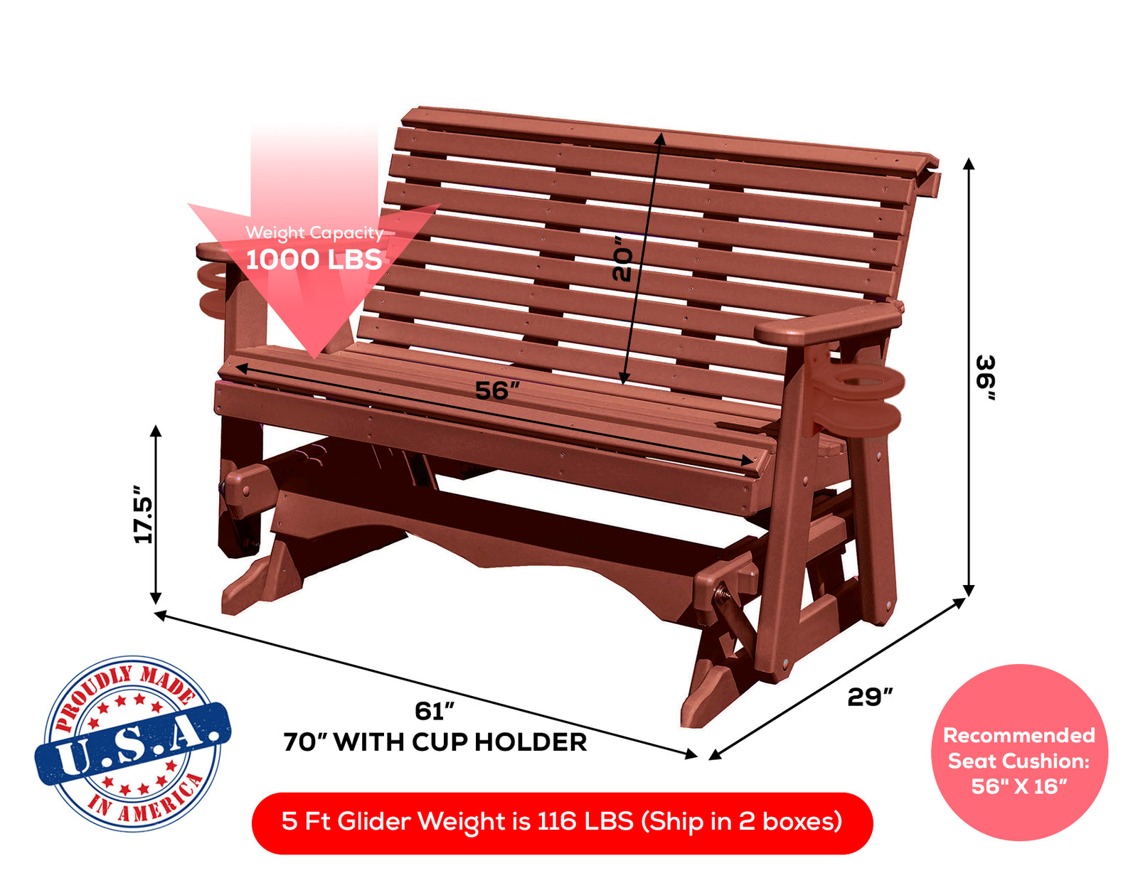 Amish Made Lancaster Series Poly Plastic Lumber Wood Glider Premium Colors Made in USA HDPE with No wood fibers Memorial Patio Porch Glider Rollback design 1000 lbs Limit+G4:G5