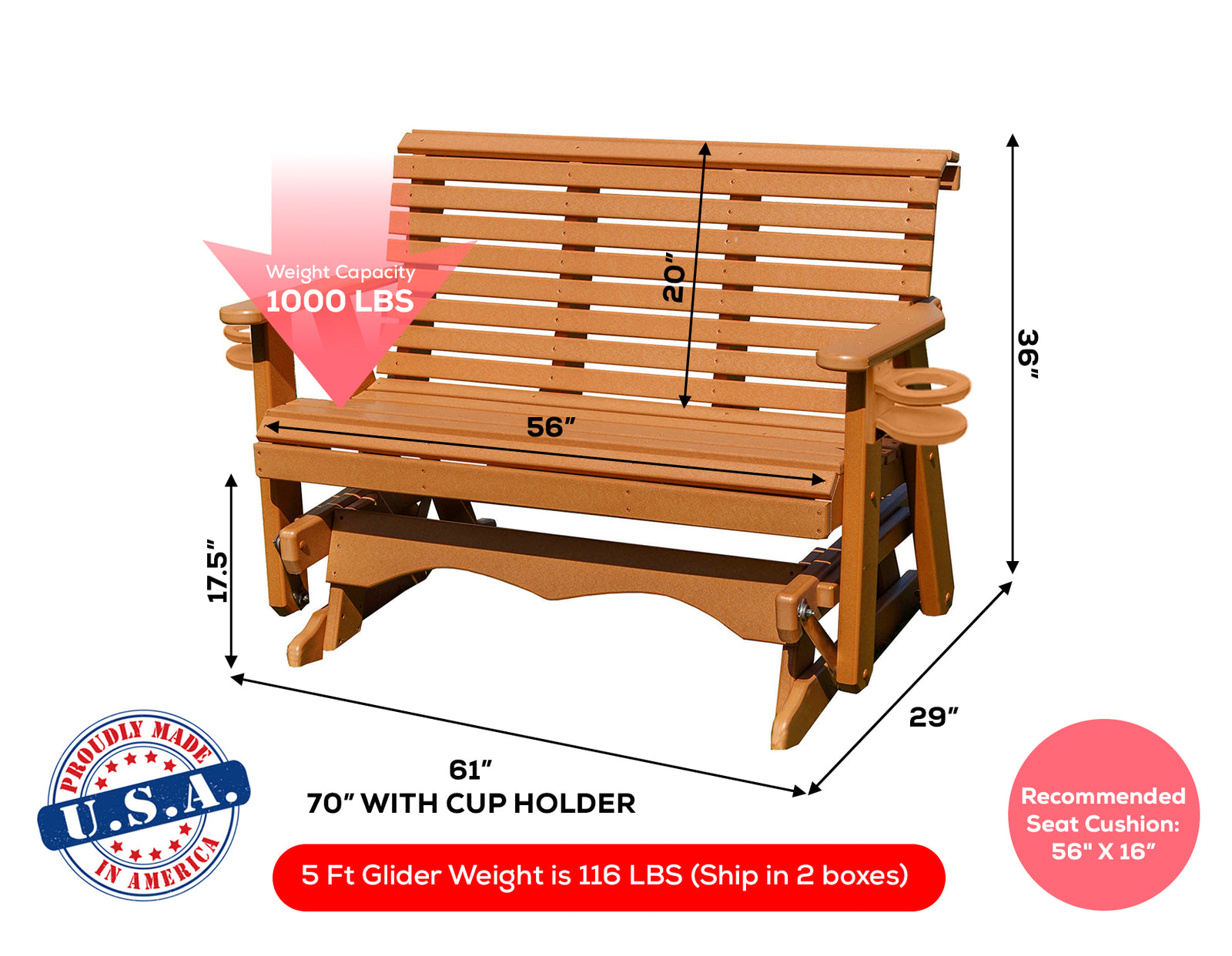 Amish Made Lancaster Series Poly Plastic Lumber Wood Glider Premium Colors Made in USA HDPE with No wood fibers Memorial Patio Porch Glider Rollback design 1000 lbs Limit+G4:G5