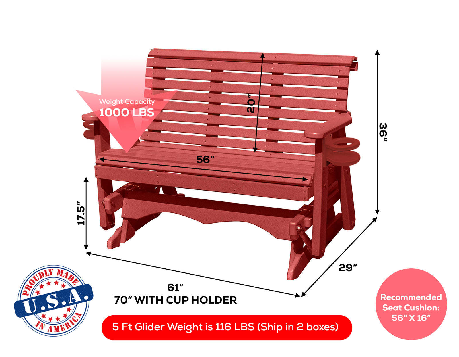 Amish Made Lancaster Series Poly Plastic Lumber Wood Glider Premium Colors Made in USA HDPE with No wood fibers Memorial Patio Porch Glider Rollback design 1000 lbs Limit+G4:G5