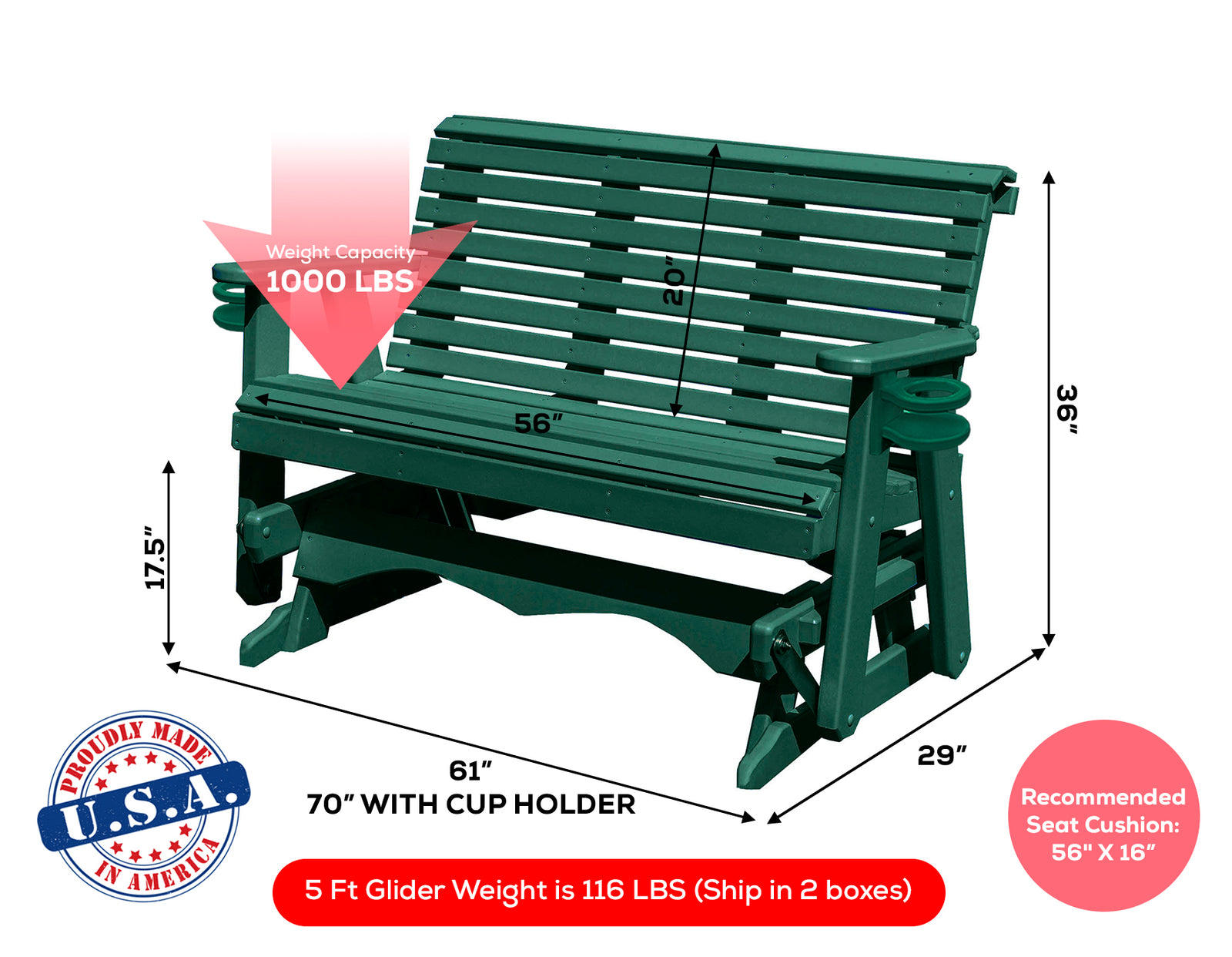 Amish Made Lancaster Series Poly Plastic Lumber Wood Glider Premium Colors Made in USA HDPE with No wood fibers Memorial Patio Porch Glider Rollback design 1000 lbs Limit+G4:G5