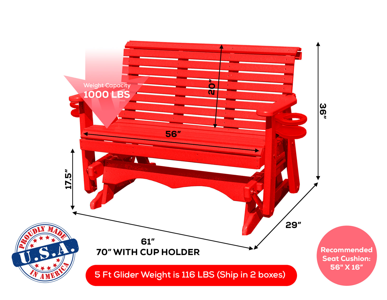 Amish Made Lancaster Series Poly Plastic Lumber Wood Glider Premium Colors Made in USA HDPE with No wood fibers Memorial Patio Porch Glider Rollback design 1000 lbs Limit+G4:G5