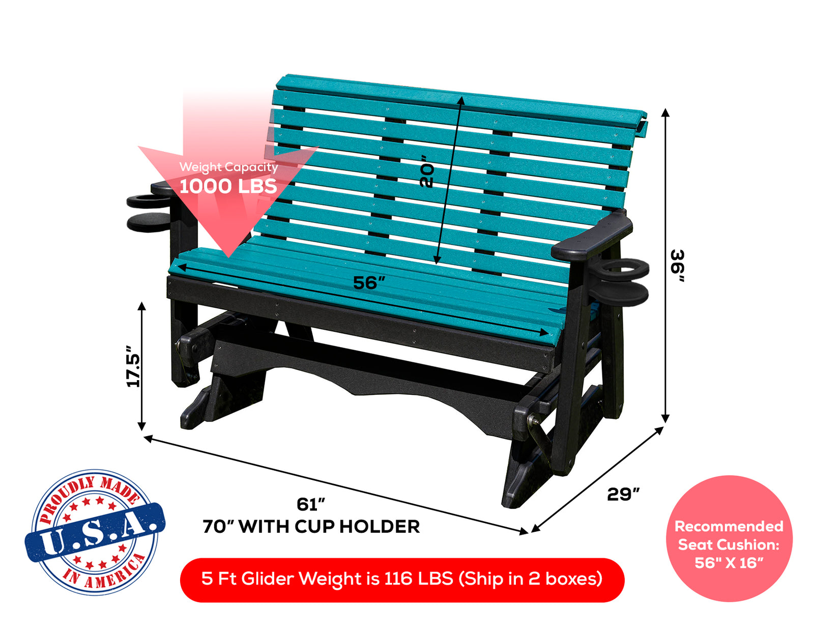 Glider Handmade by Amish Artisans in USA Poly Lumber wood Lancaster series Roll Back Porch Glider Heavy Duty Everlasting PolyTuf HDPE