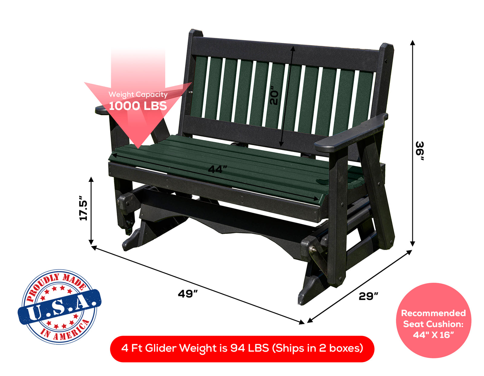 Glider Handmade by Amish Artisans in USA Poly Lumber wood Mission Series Porch Glider Heavy Duty Everlasting PolyTuf HDPE