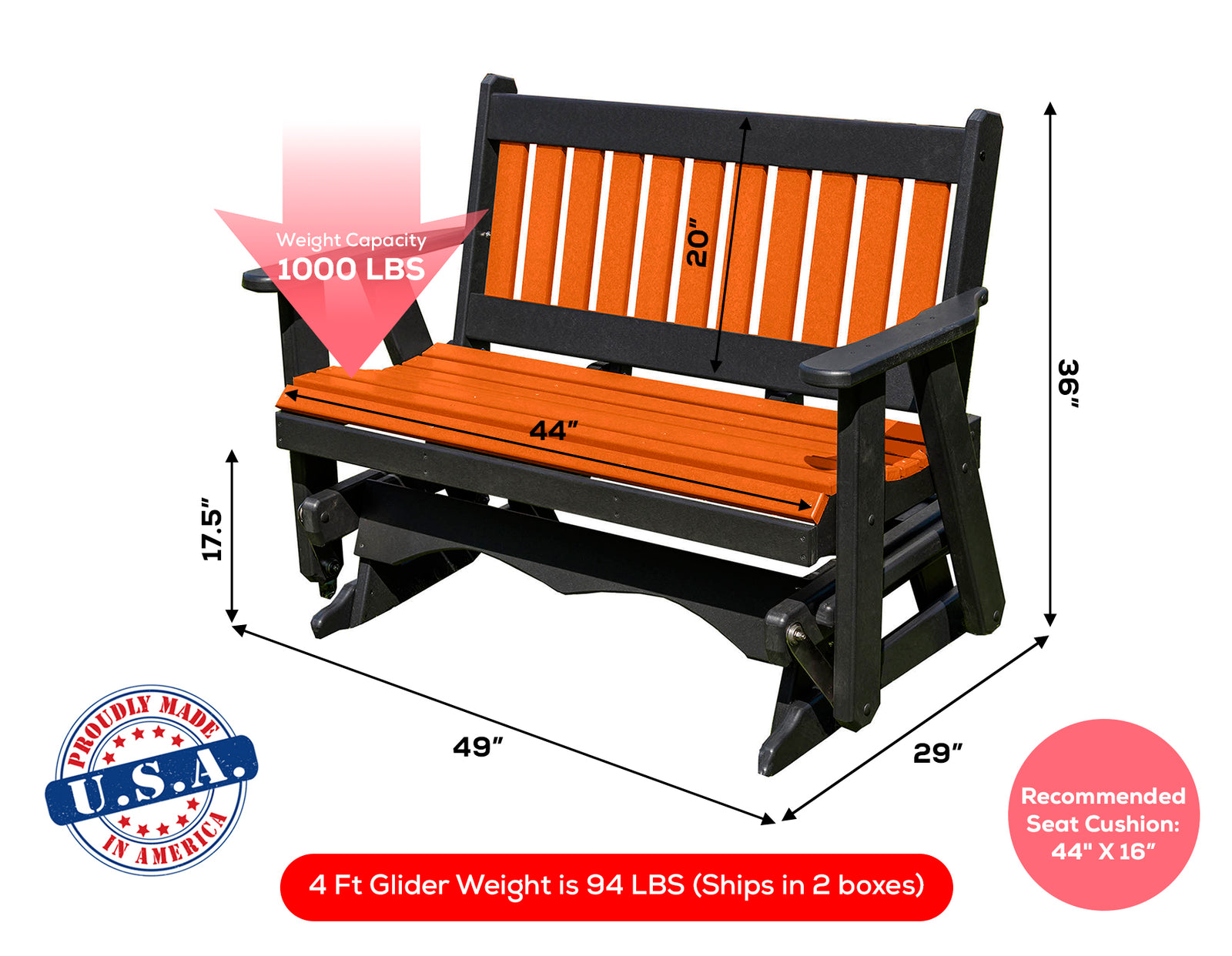 Glider Handmade by Amish Artisans in USA Poly Lumber wood Mission Series Porch Glider Heavy Duty Everlasting PolyTuf HDPE