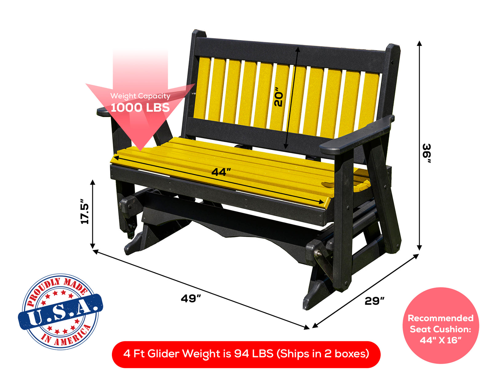 Glider Handmade by Amish Artisans in USA Poly Lumber wood Mission Series Porch Glider Heavy Duty Everlasting PolyTuf HDPE