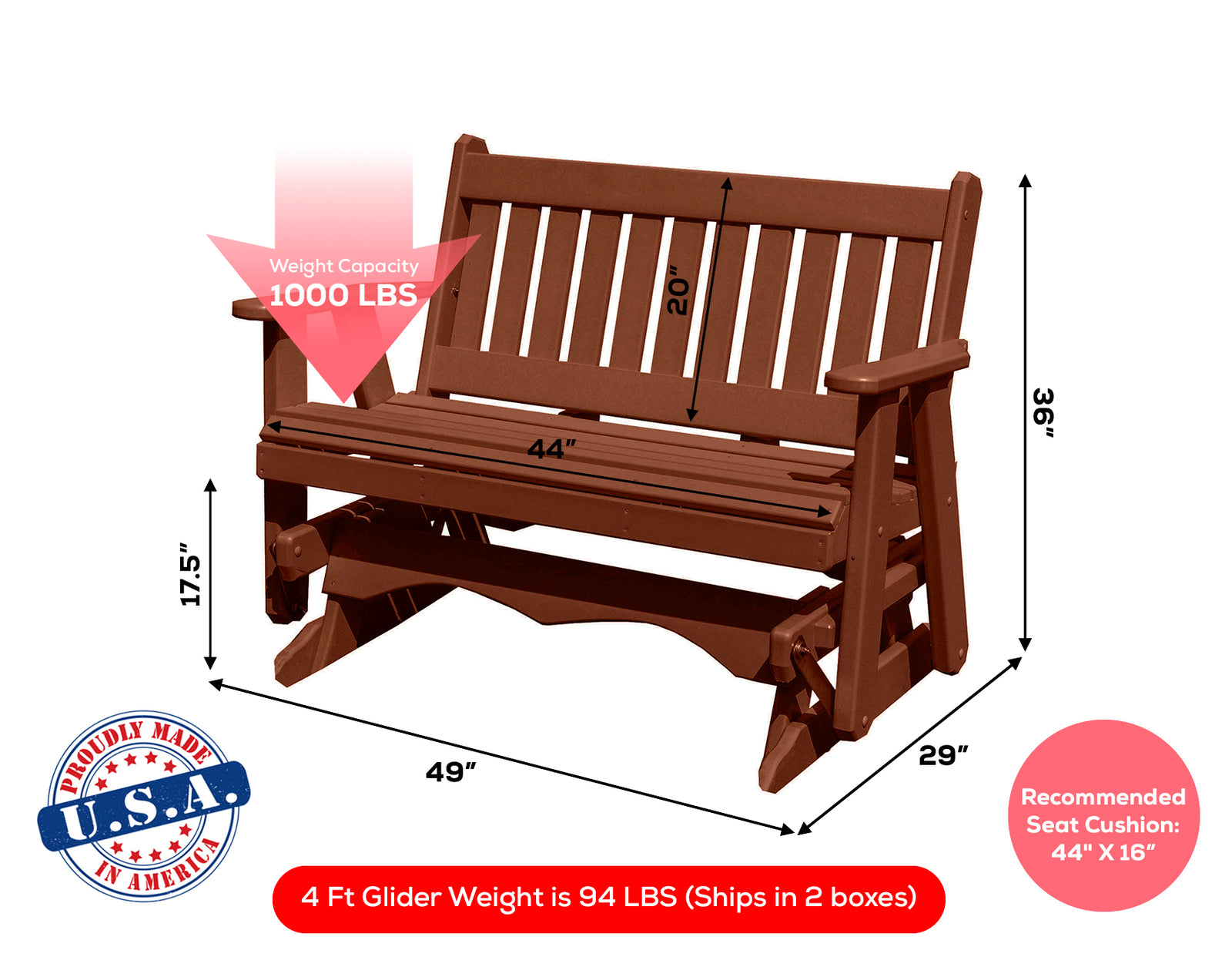 Amish Made Mission Series Poly Plastic Lumber Wood Glider Premium Colors Made in USA HDPE with No wood fibers Memorial Patio Porch Glider English design 1000 lbs Limit+G4:G5