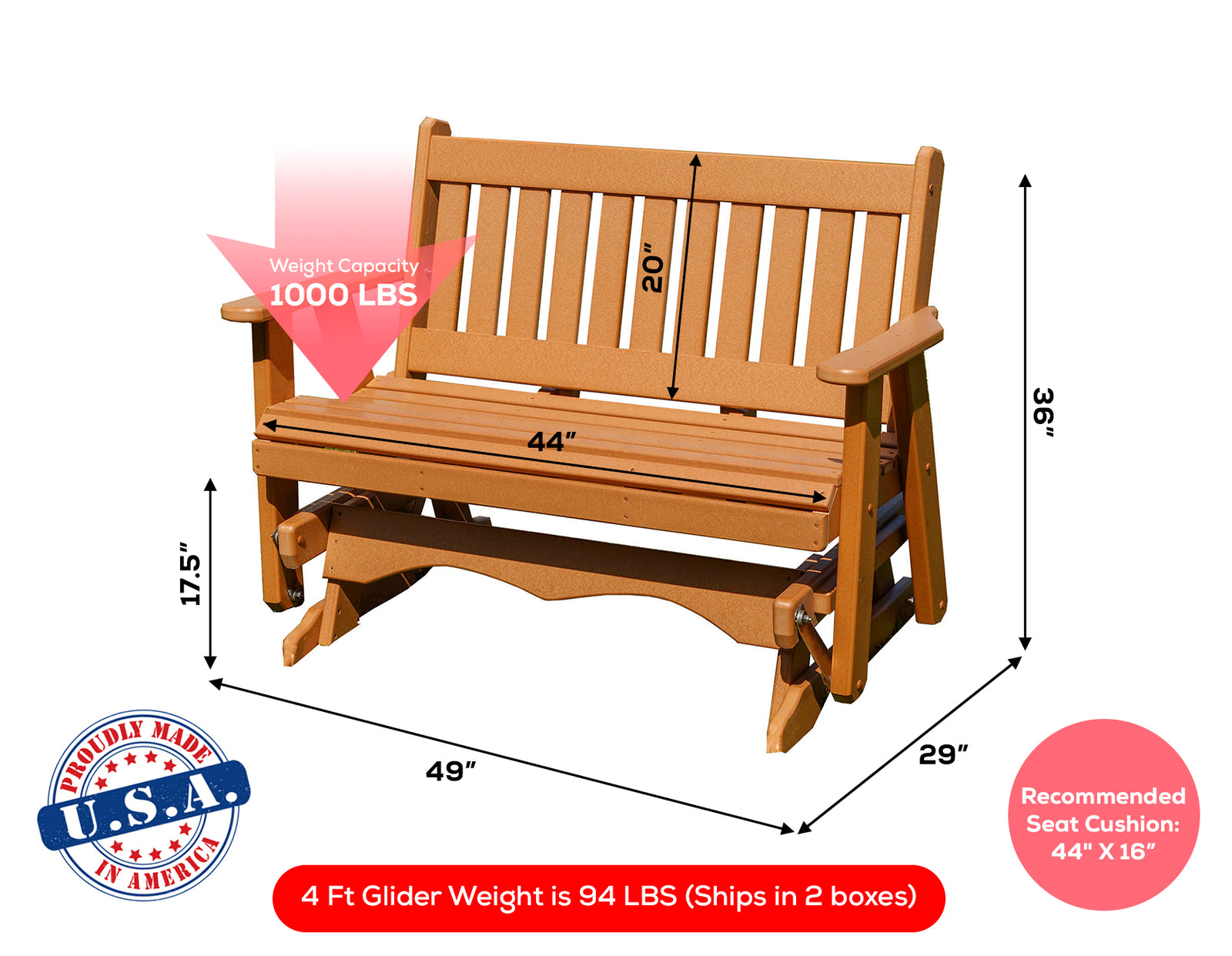 Amish Made Mission Series Poly Plastic Lumber Wood Glider Premium Colors Made in USA HDPE with No wood fibers Memorial Patio Porch Glider English design 1000 lbs Limit+G4:G5