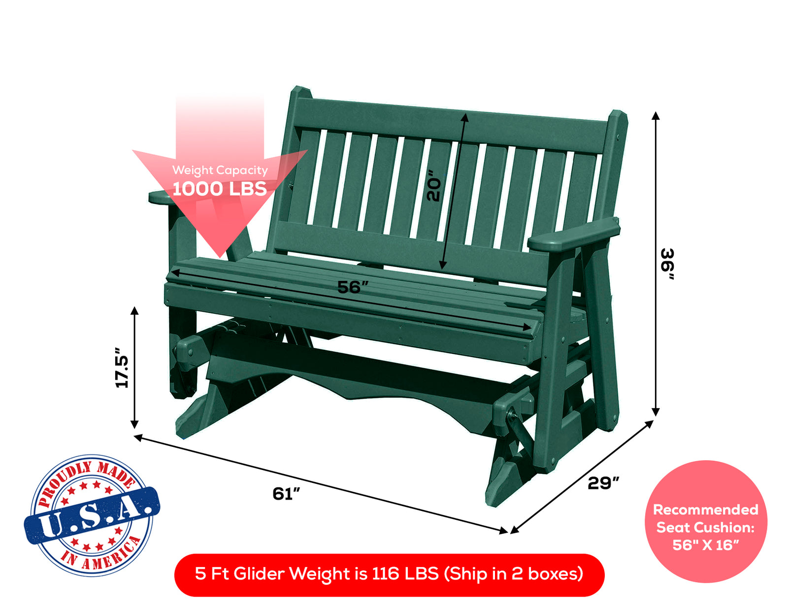 Amish Made Mission Series Poly Plastic Lumber Wood Glider Premium Colors Made in USA HDPE with No wood fibers Memorial Patio Porch Glider English design 1000 lbs Limit+G4:G5