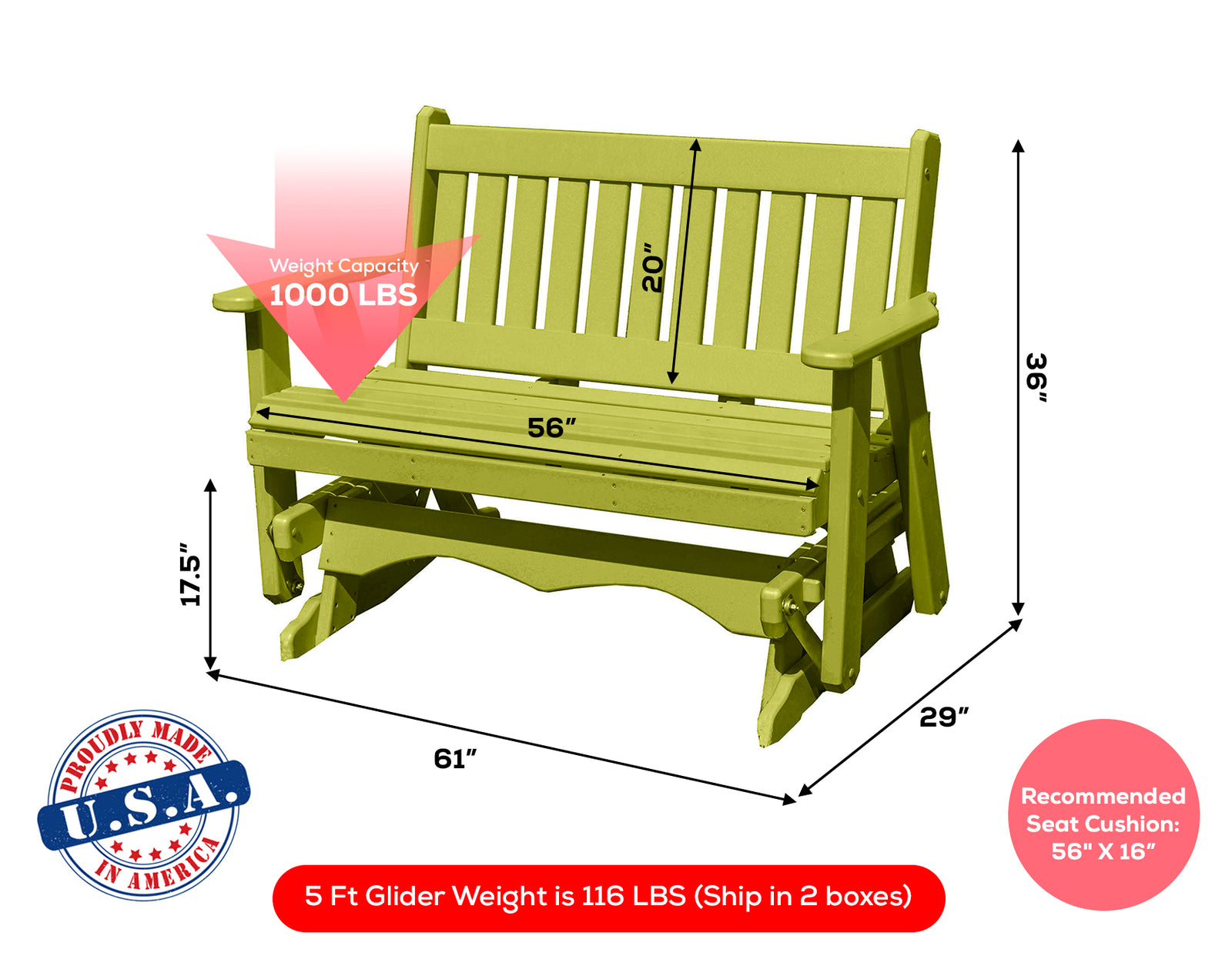 Amish Made Mission Series Poly Plastic Lumber Wood Glider Premium Colors Made in USA HDPE with No wood fibers Memorial Patio Porch Glider English design 1000 lbs Limit+G4:G5