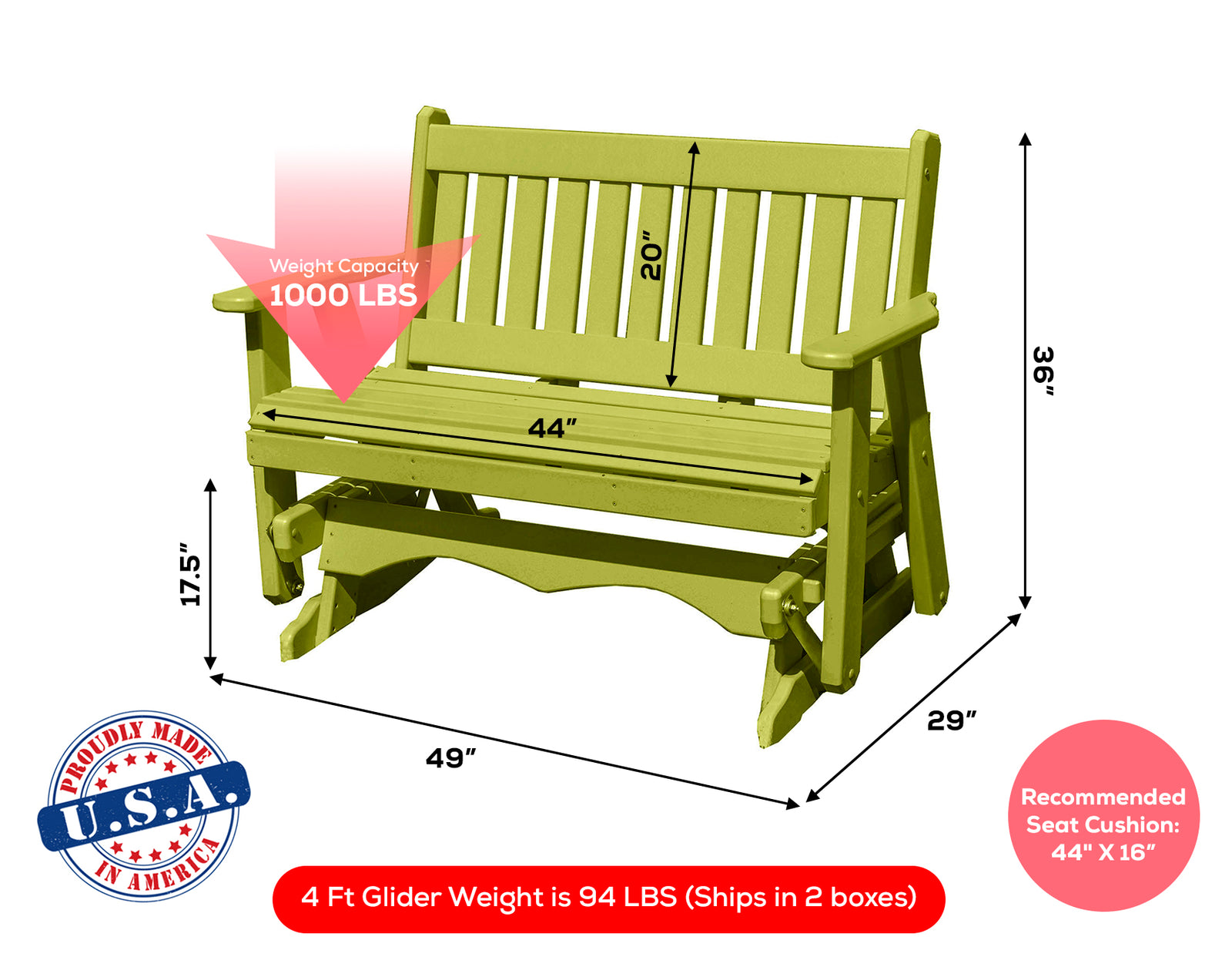 Amish Made Mission Series Poly Plastic Lumber Wood Glider Premium Colors Made in USA HDPE with No wood fibers Memorial Patio Porch Glider English design 1000 lbs Limit+G4:G5