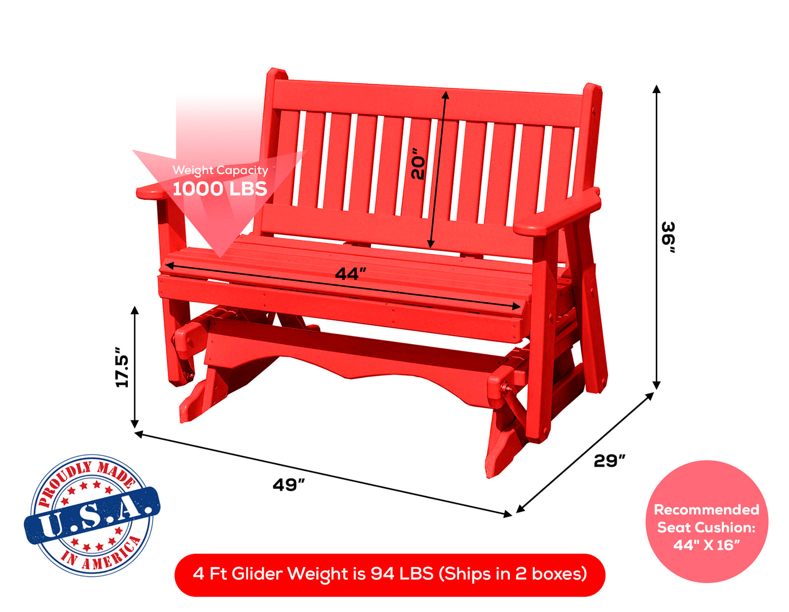 Amish Made Mission Series Poly Plastic Lumber Wood Glider Premium Colors Made in USA HDPE with No wood fibers Memorial Patio Porch Glider English design 1000 lbs Limit+G4:G5