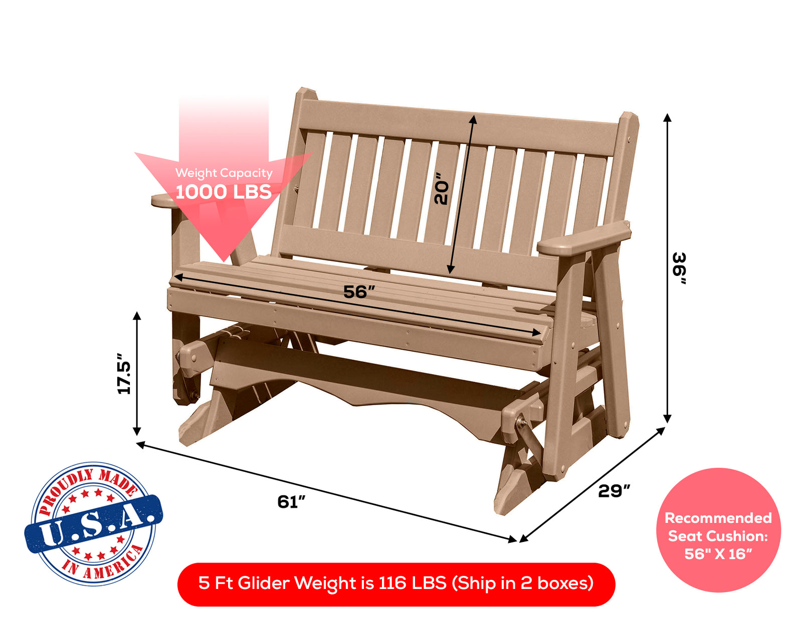Amish Made Mission Series Poly Plastic Lumber Wood Glider Premium Colors Made in USA HDPE with No wood fibers Memorial Patio Porch Glider English design 1000 lbs Limit+G4:G5