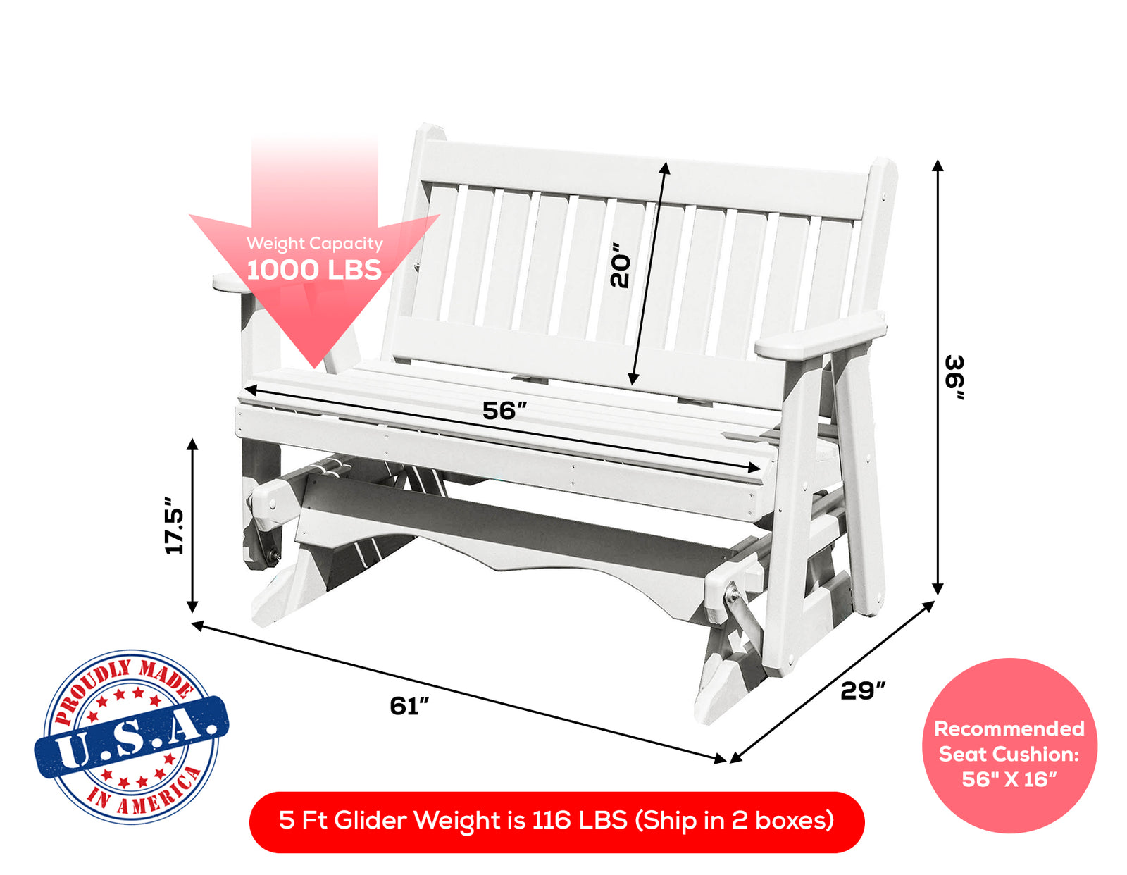 Amish Made Mission Series Poly Plastic Lumber Wood Glider Premium Colors Made in USA HDPE with No wood fibers Memorial Patio Porch Glider English design 1000 lbs Limit+G4:G5