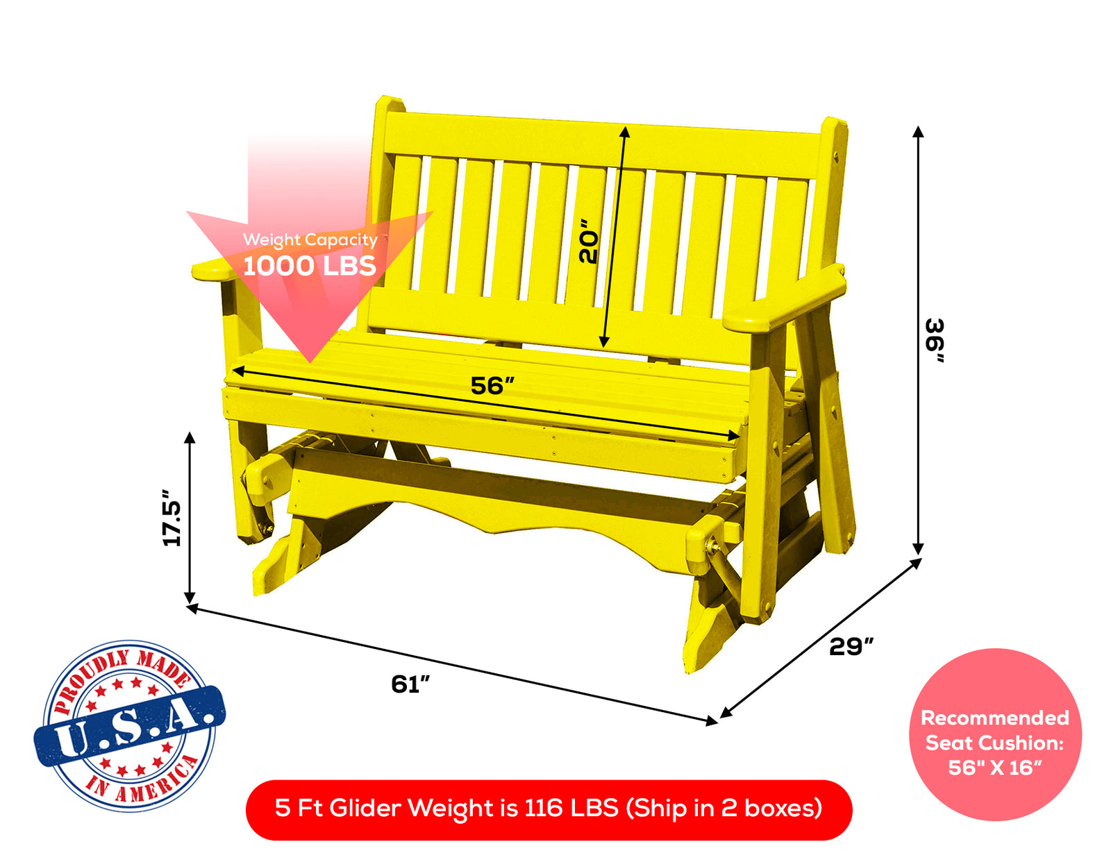 Amish Made Mission Series Poly Plastic Lumber Wood Glider Premium Colors Made in USA HDPE with No wood fibers Memorial Patio Porch Glider English design 1000 lbs Limit+G4:G5