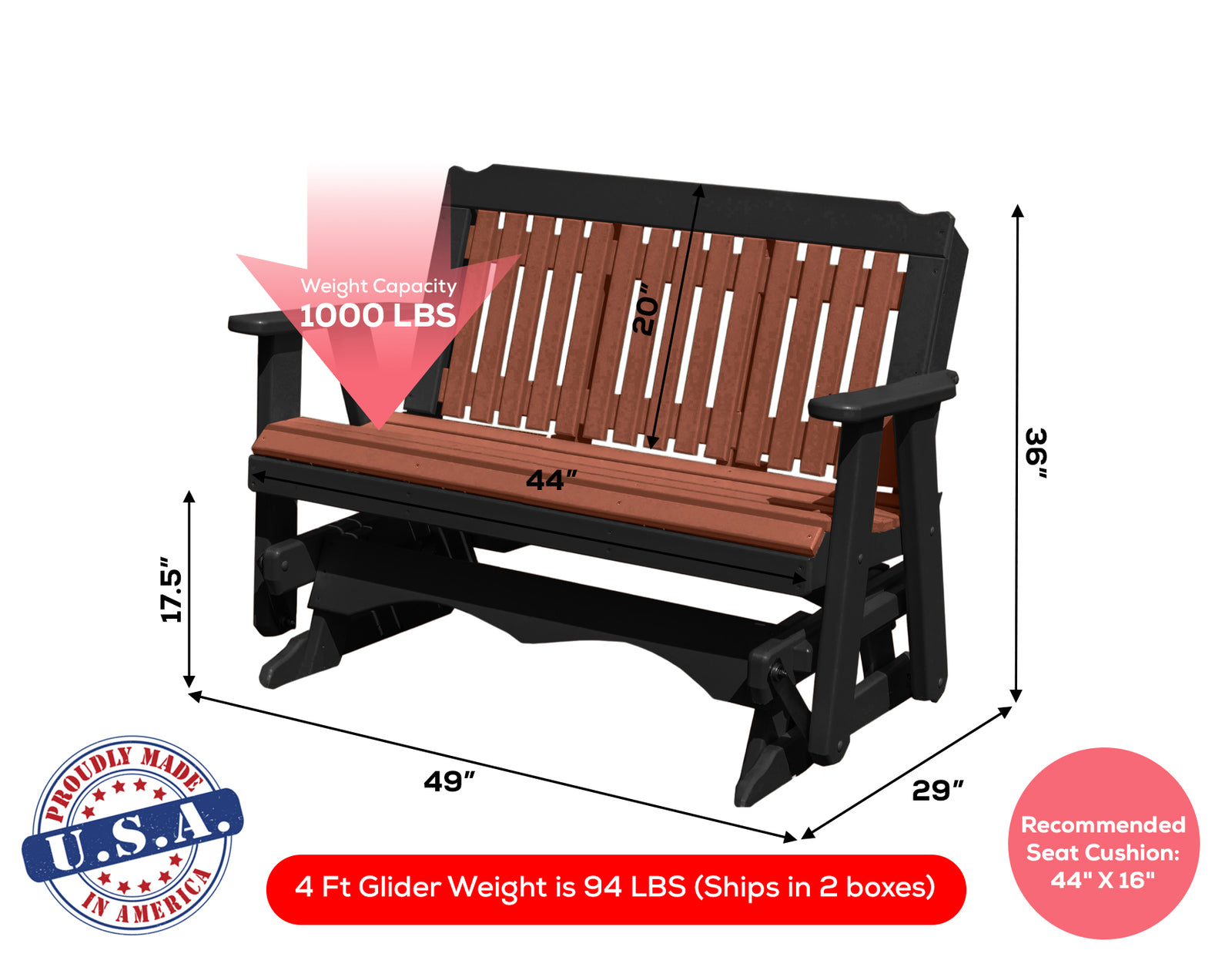 Glider Handmade by Amish Artisans in USA Poly Lumber wood Logan Series Porch Glider Heavy Duty Everlasting PolyTuf HDPE