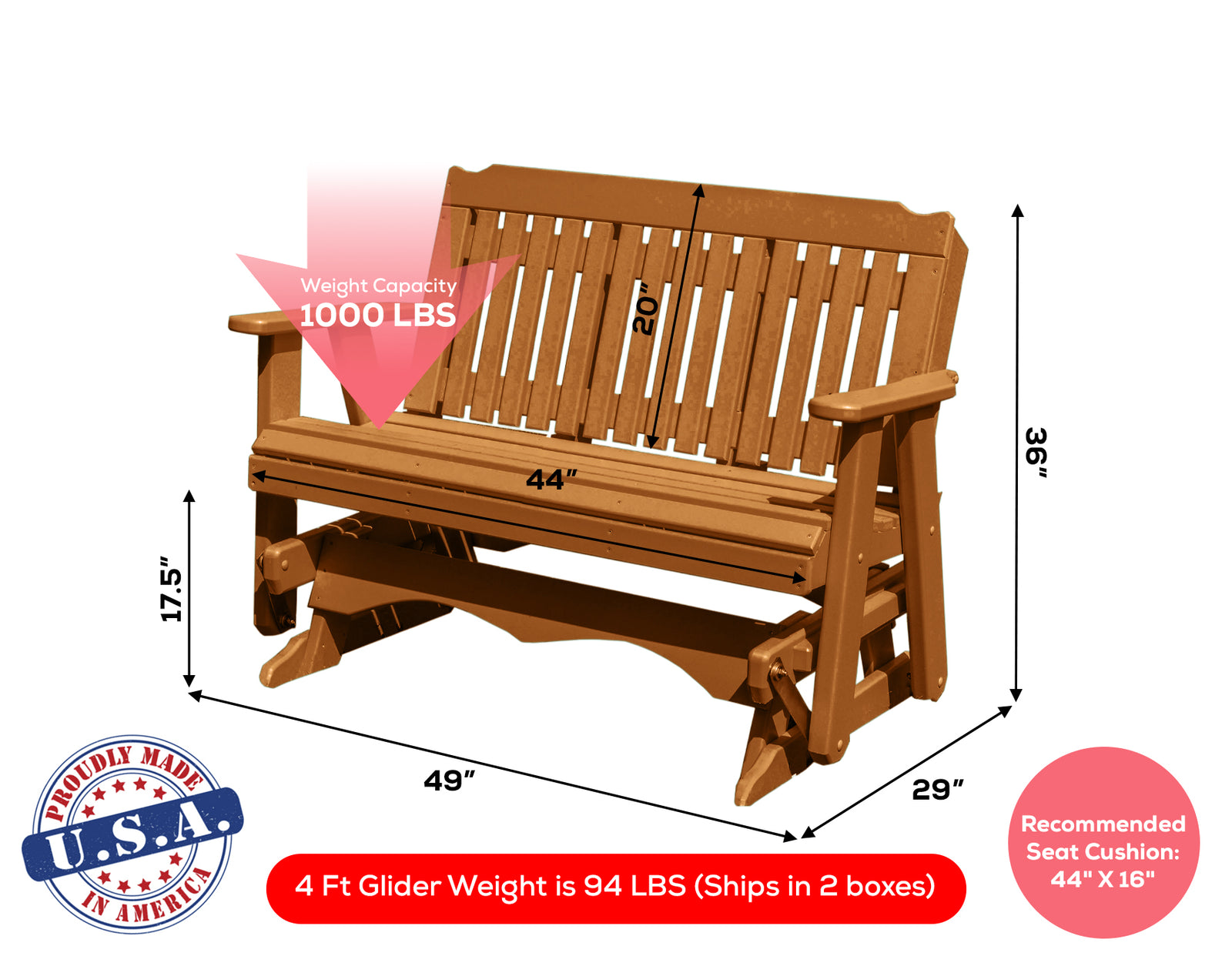 Amish Made Logan Series  Poly Plastic Lumber Wood Glider Premium Colors Made in USA HDPE with No wood fibers Memorial Patio Porch  Church Glider Signature design 1000 lbs Limit+G4:G5