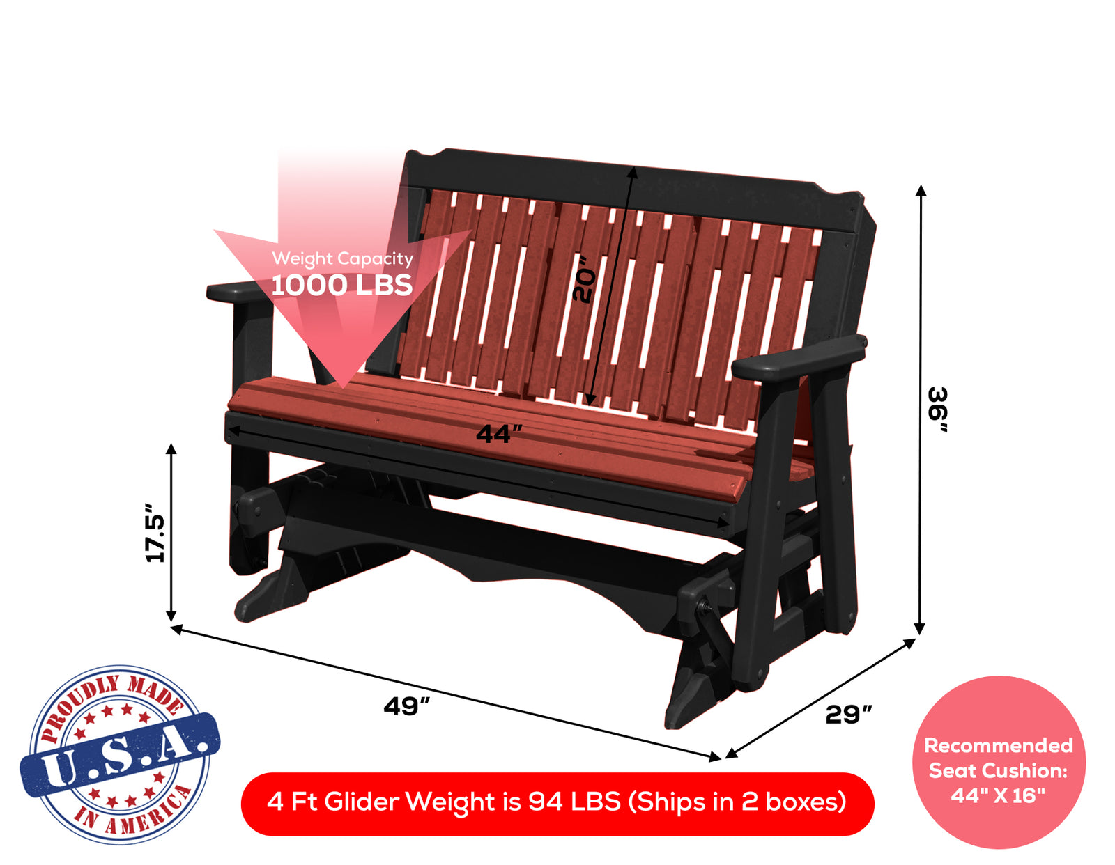 Glider Handmade by Amish Artisans in USA Poly Lumber wood Logan Series Porch Glider Heavy Duty Everlasting PolyTuf HDPE