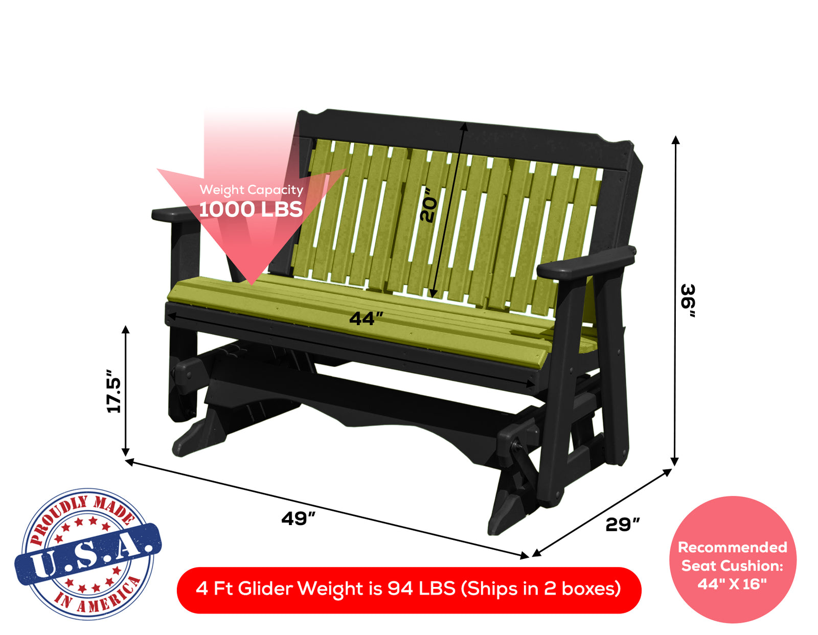 Glider Handmade by Amish Artisans in USA Poly Lumber wood Logan Series Porch Glider Heavy Duty Everlasting PolyTuf HDPE