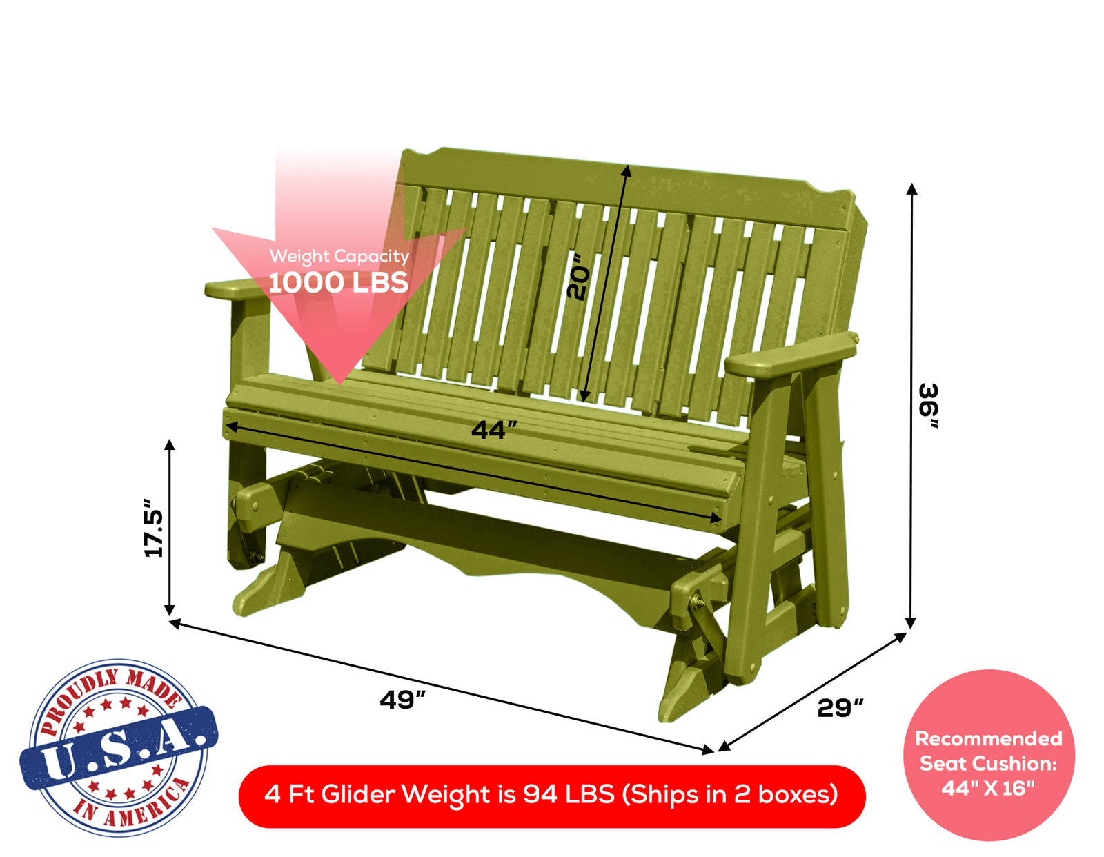 Amish Made Logan Series  Poly Plastic Lumber Wood Glider Premium Colors Made in USA HDPE with No wood fibers Memorial Patio Porch  Church Glider Signature design 1000 lbs Limit+G4:G5