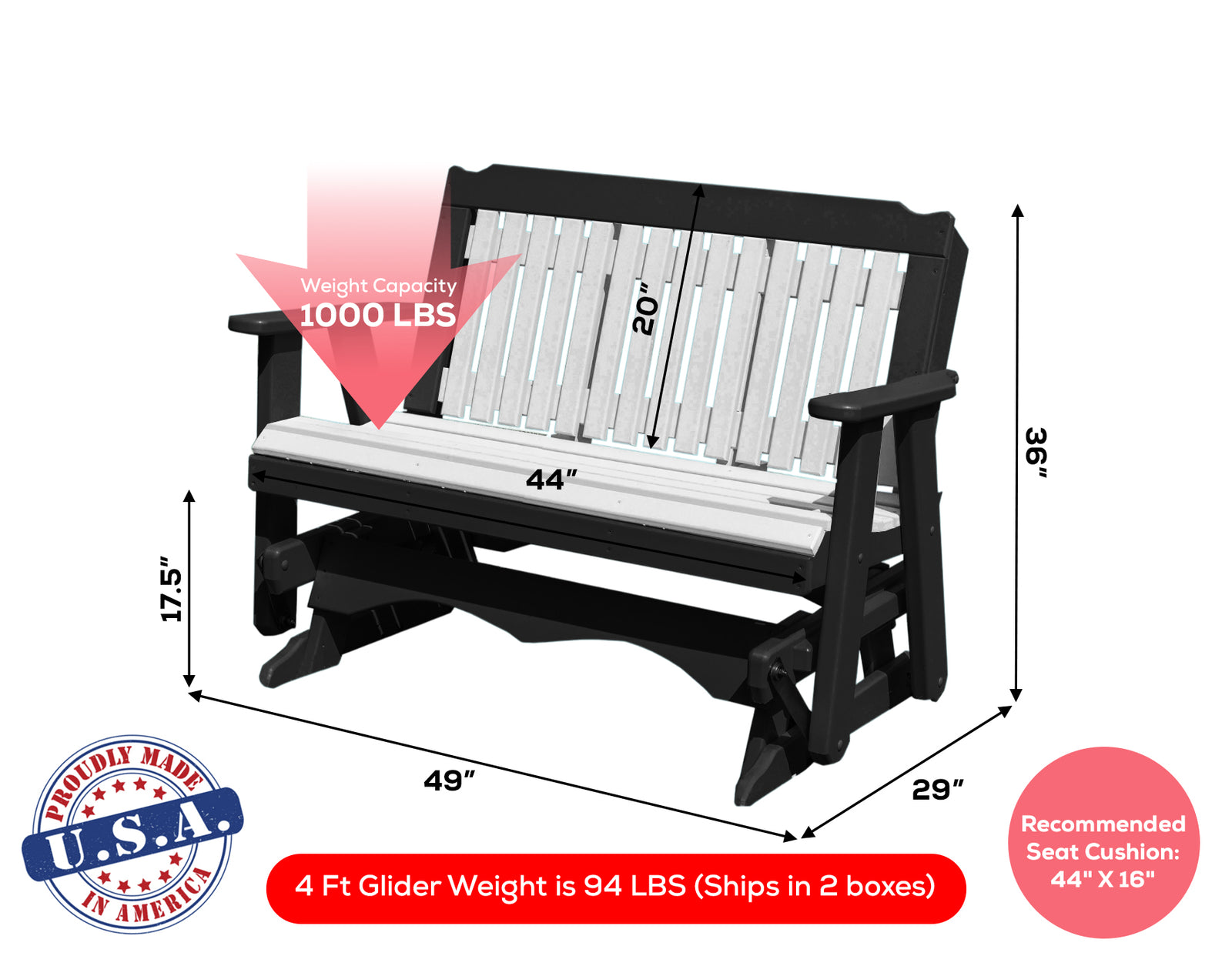 Glider Handmade by Amish Artisans in USA Poly Lumber wood Logan Series Porch Glider Heavy Duty Everlasting PolyTuf HDPE