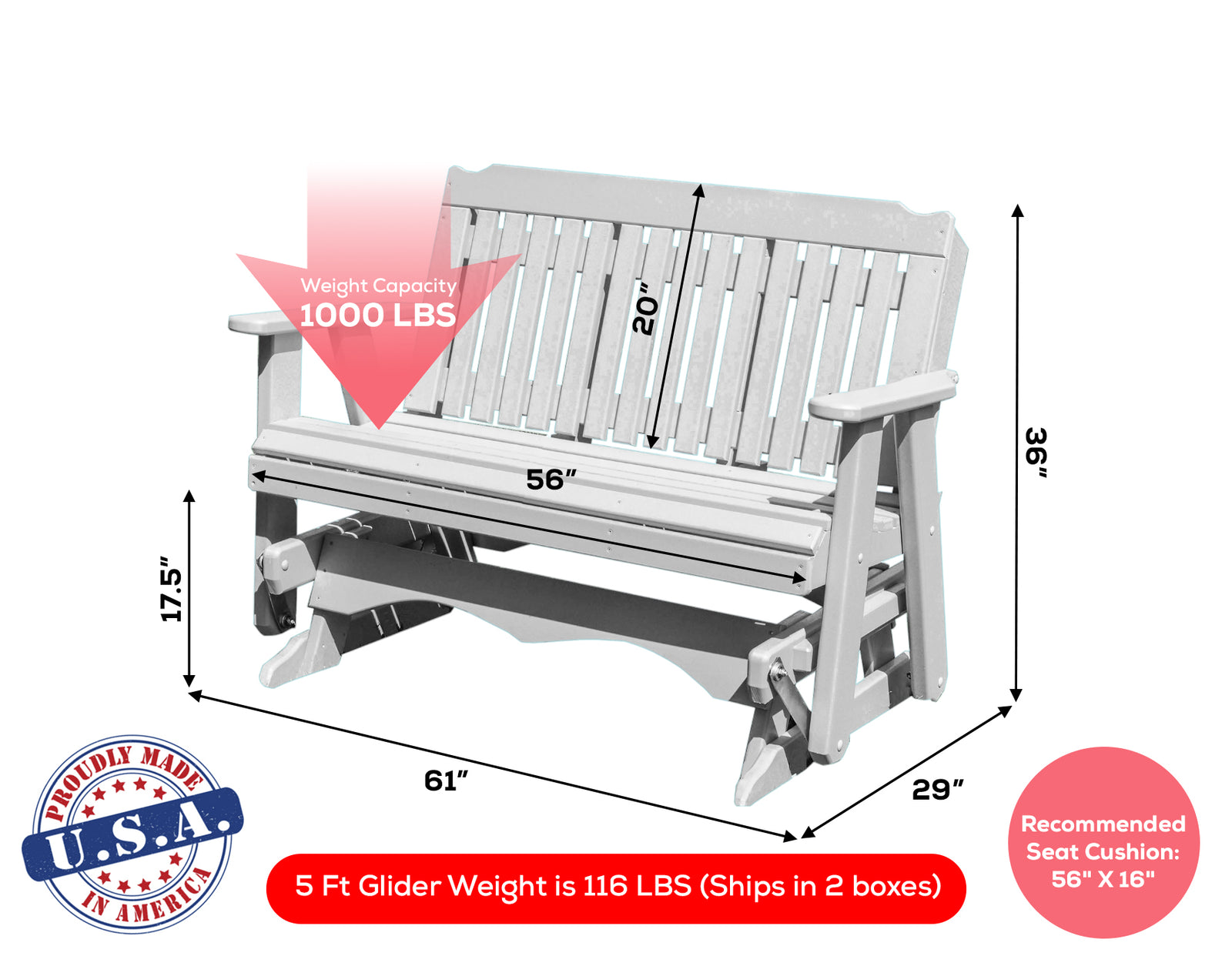 Amish Made Logan Series  Poly Plastic Lumber Wood Glider Premium Colors Made in USA HDPE with No wood fibers Memorial Patio Porch  Church Glider Signature design 1000 lbs Limit+G4:G5
