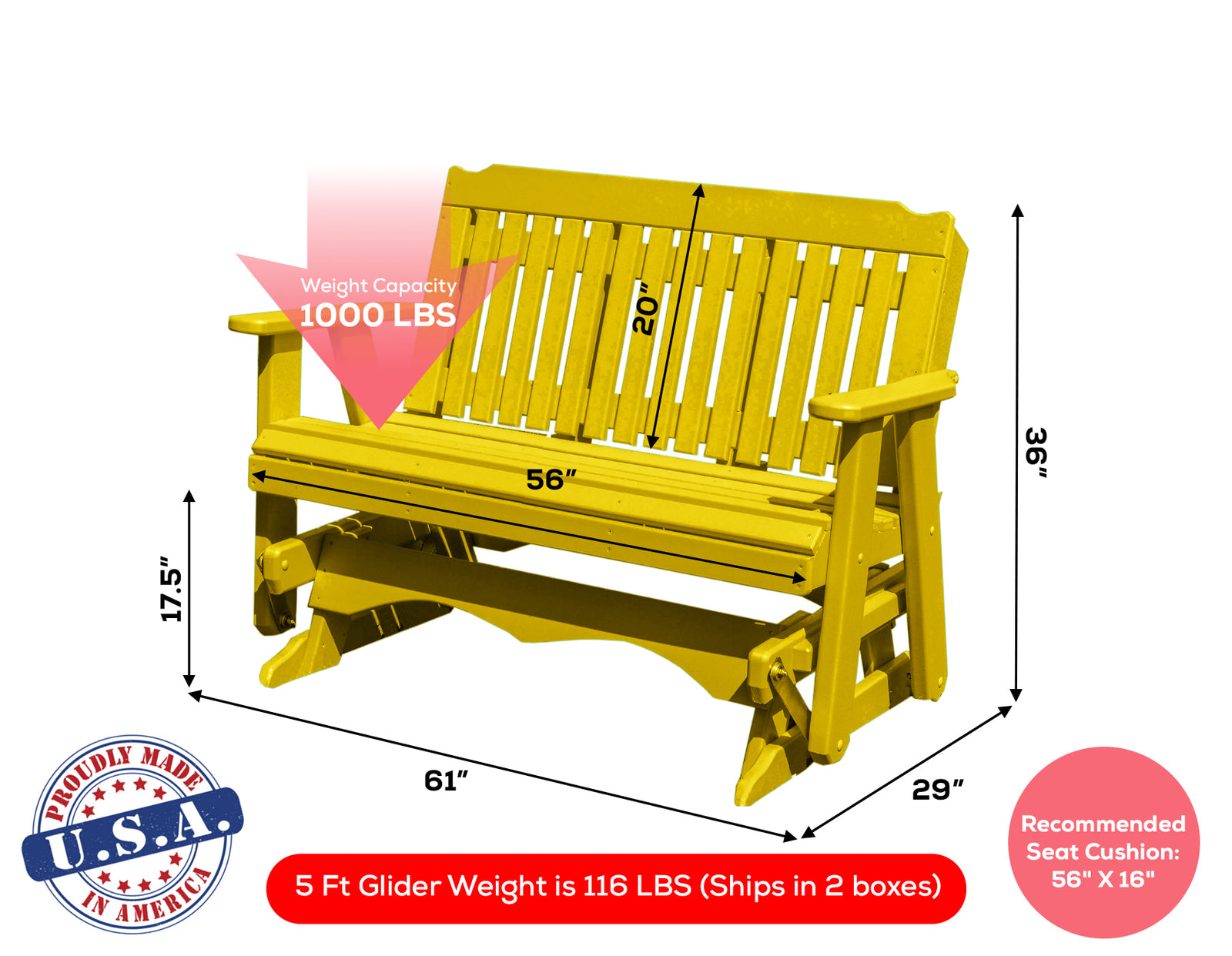 Amish Made Logan Series  Poly Plastic Lumber Wood Glider Premium Colors Made in USA HDPE with No wood fibers Memorial Patio Porch  Church Glider Signature design 1000 lbs Limit+G4:G5