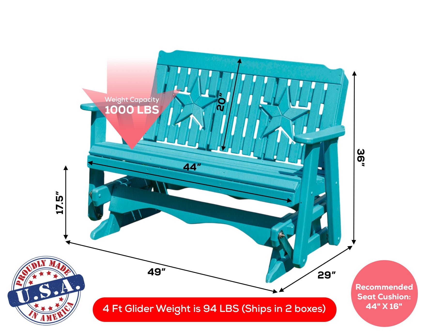 Amish Made Star Series Poly Plastic Lumber Wood Glider Premium Colors Made in USA HDPE with No wood fibers Memorial Patio Porch Park Church Glider Signature design 1000 lbs Limit