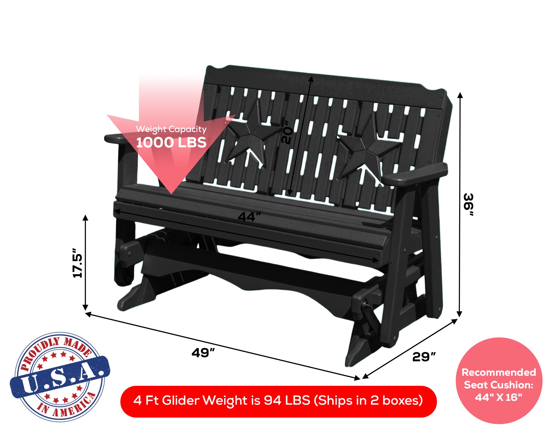 Amish Made Star Series Poly Plastic Lumber Wood Glider Premium Colors Made in USA HDPE with No wood fibers Memorial Patio Porch Park Church Glider Signature design 1000 lbs Limit