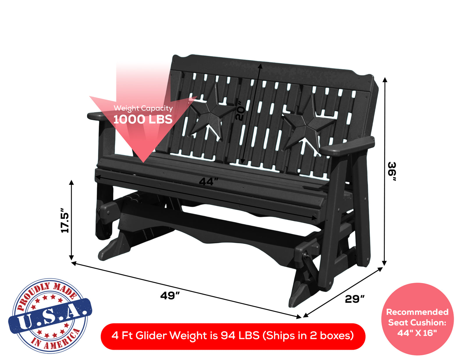 Glider Handmade by Amish Artisans in USA Poly Lumber wood Star Series Porch Glider Heavy Duty Everlasting PolyTuf HDPE
