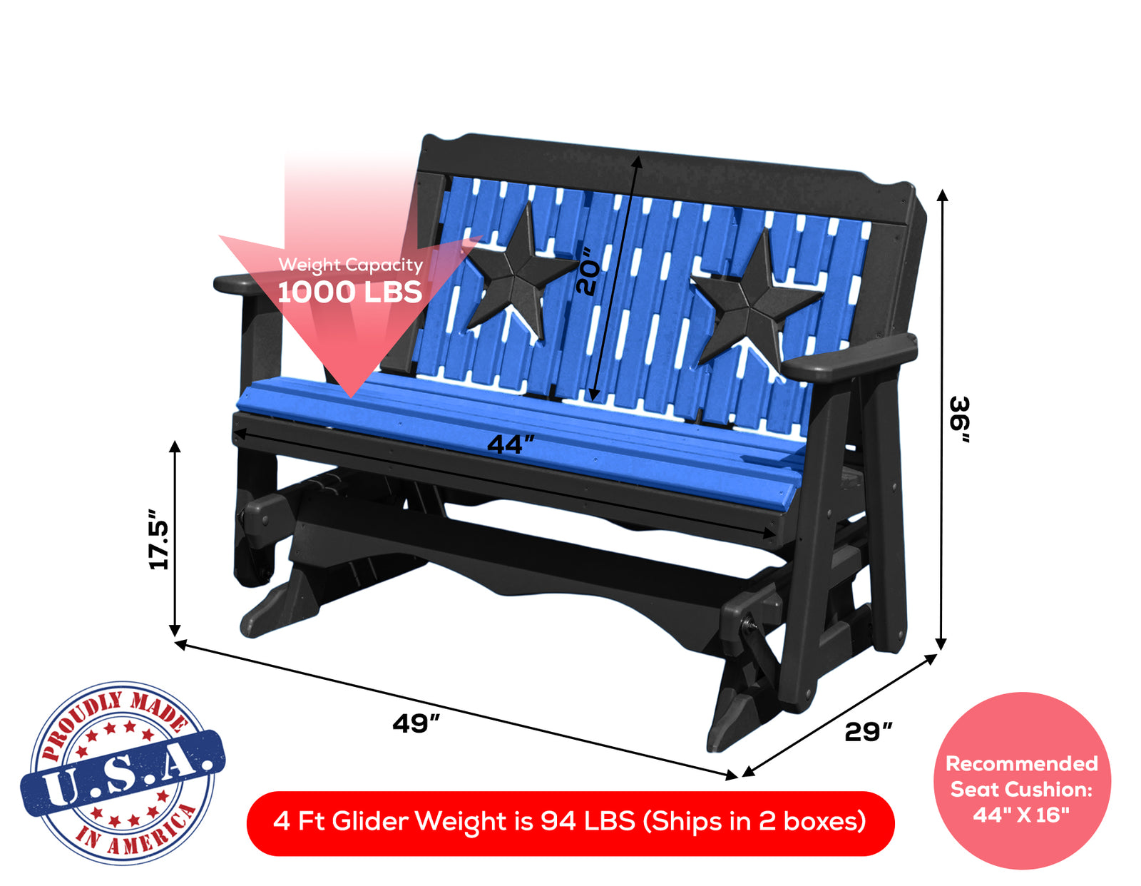 Glider Handmade by Amish Artisans in USA Poly Lumber wood Star Series Porch Glider Heavy Duty Everlasting PolyTuf HDPE