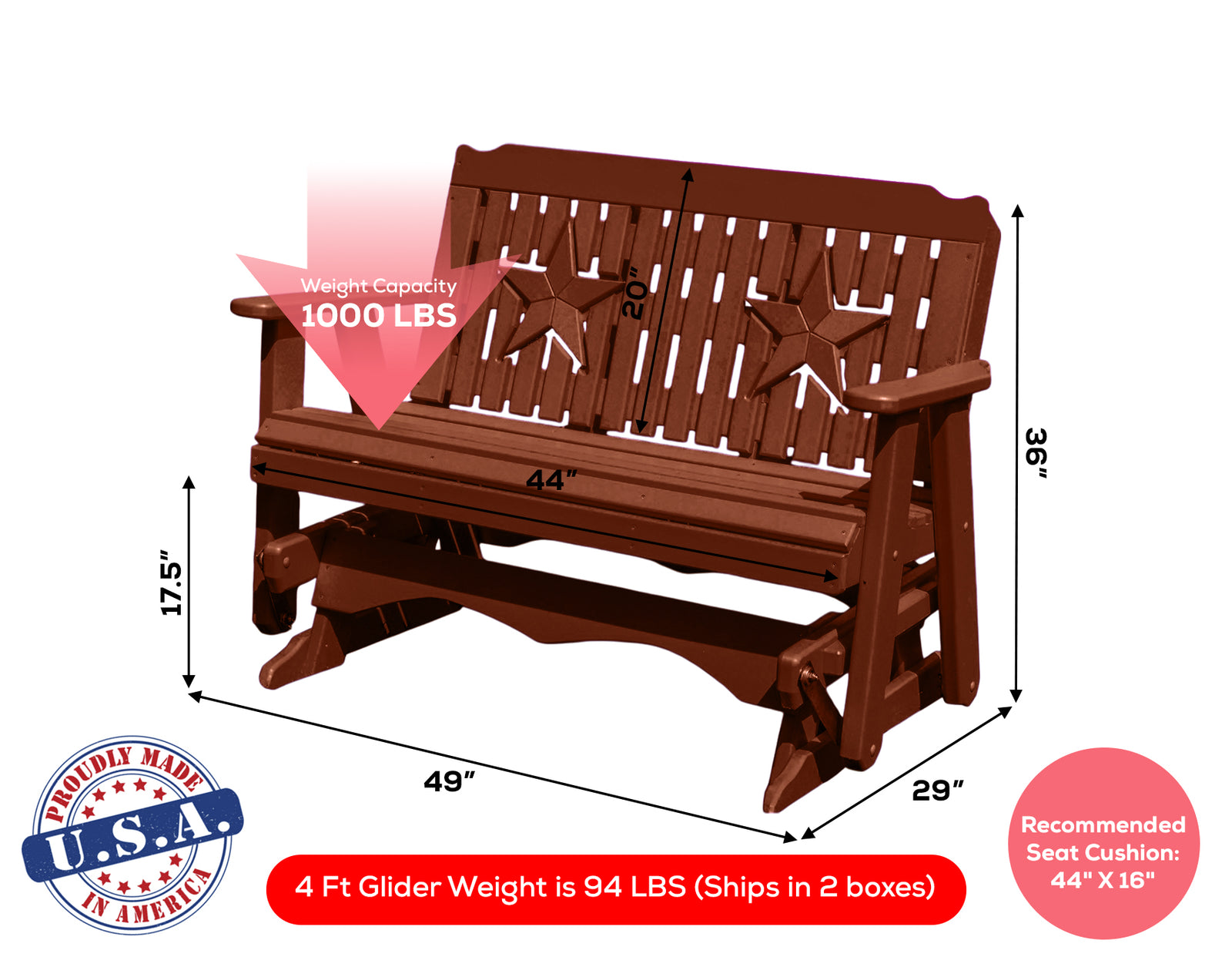 Amish Made Star Series Poly Plastic Lumber Wood Glider Premium Colors Made in USA HDPE with No wood fibers Memorial Patio Porch Park Church Glider Signature design 1000 lbs Limit