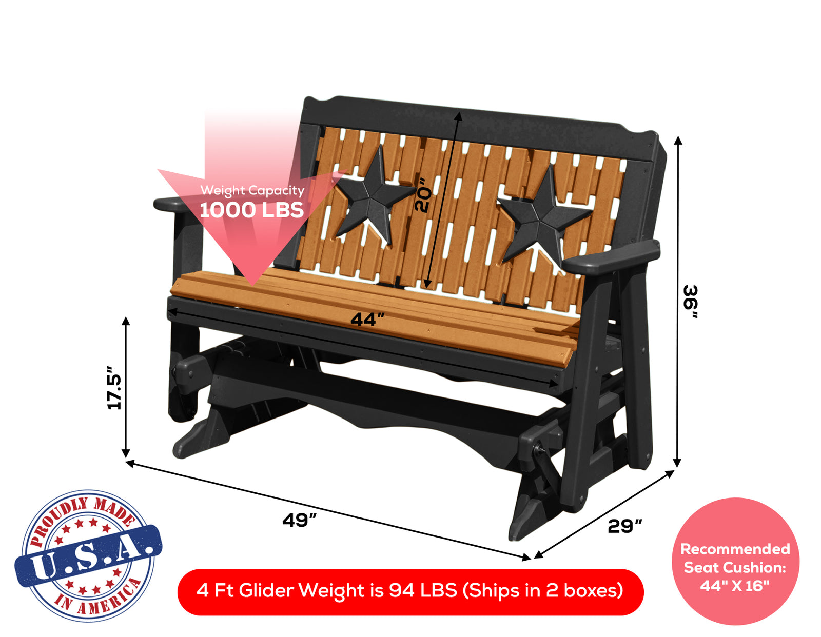 Glider Handmade by Amish Artisans in USA Poly Lumber wood Star Series Porch Glider Heavy Duty Everlasting PolyTuf HDPE