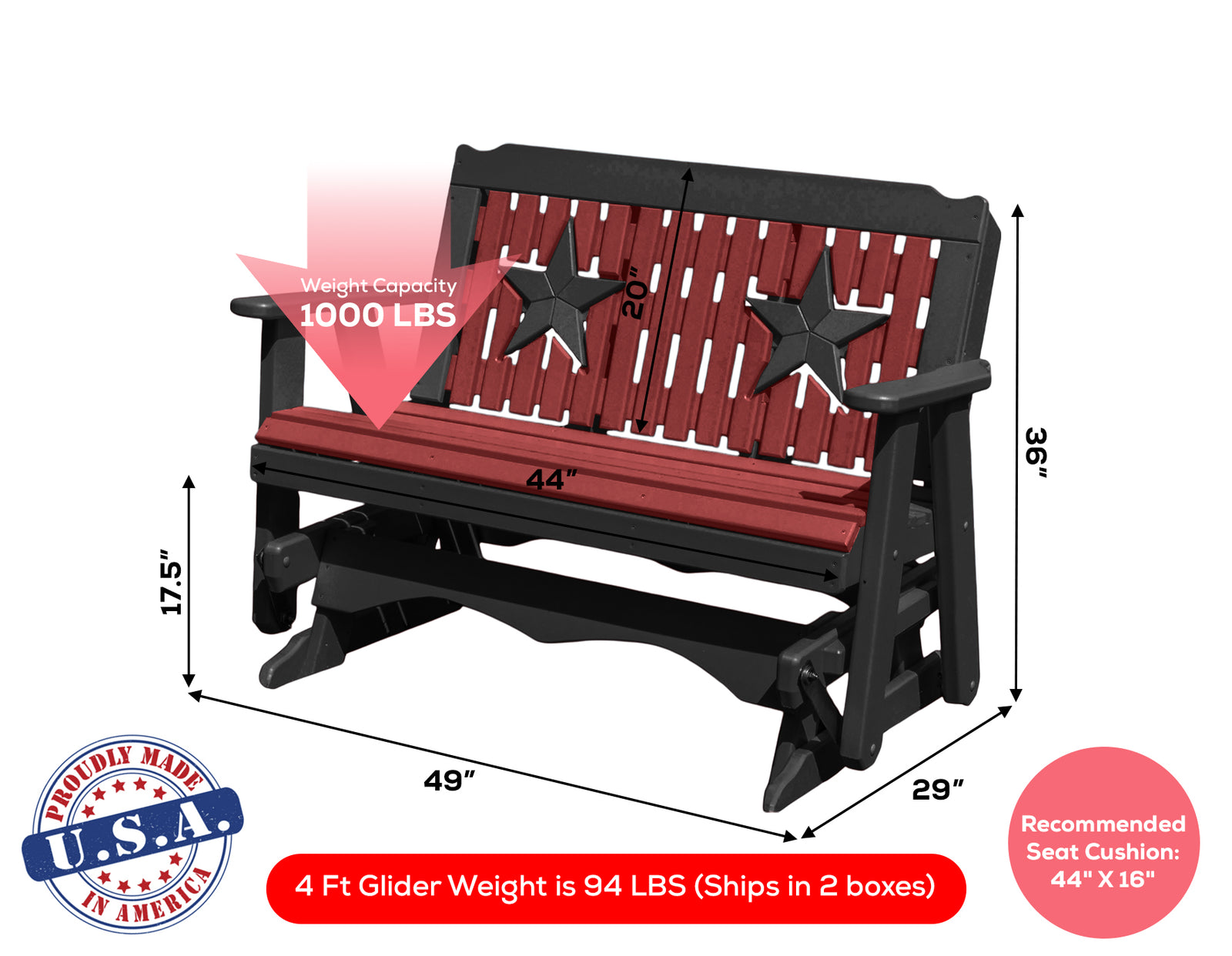Glider Handmade by Amish Artisans in USA Poly Lumber wood Star Series Porch Glider Heavy Duty Everlasting PolyTuf HDPE