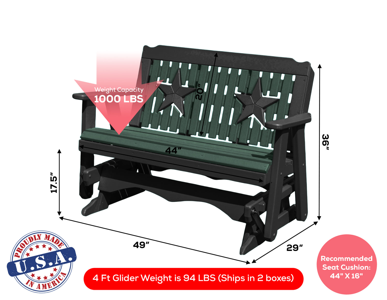 Glider Handmade by Amish Artisans in USA Poly Lumber wood Star Series Porch Glider Heavy Duty Everlasting PolyTuf HDPE