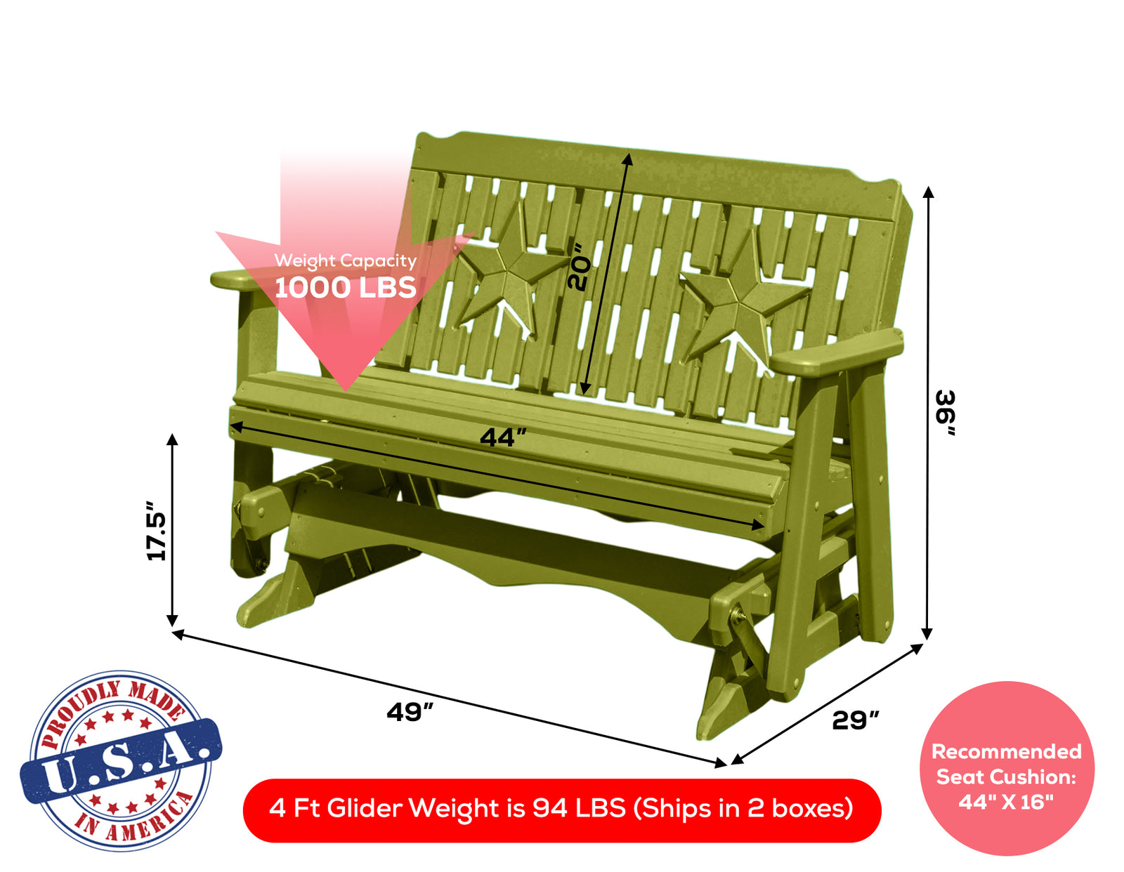 Amish Made Star Series Poly Plastic Lumber Wood Glider Premium Colors Made in USA HDPE with No wood fibers Memorial Patio Porch Park Church Glider Signature design 1000 lbs Limit