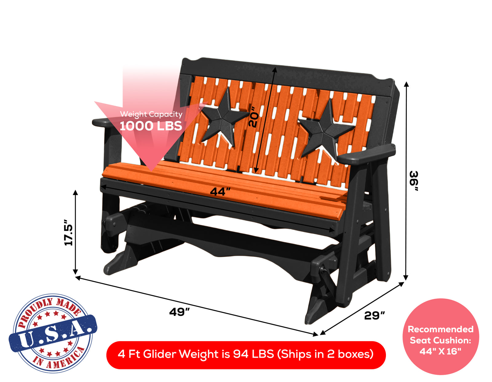 Glider Handmade by Amish Artisans in USA Poly Lumber wood Star Series Porch Glider Heavy Duty Everlasting PolyTuf HDPE