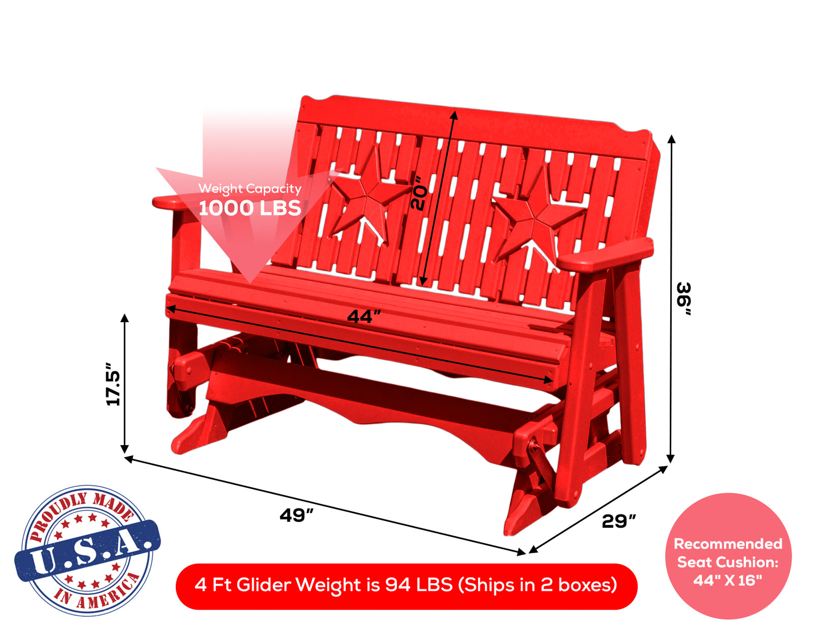 Amish Made Star Series Poly Plastic Lumber Wood Glider Premium Colors Made in USA HDPE with No wood fibers Memorial Patio Porch Park Church Glider Signature design 1000 lbs Limit