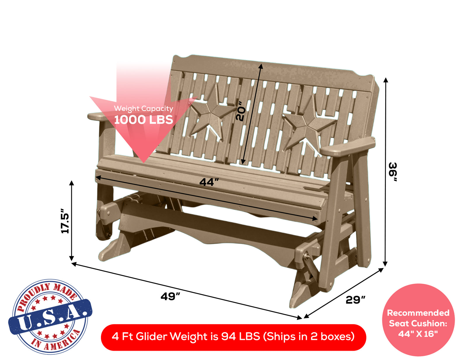 Amish Made Star Series Poly Plastic Lumber Wood Glider Premium Colors Made in USA HDPE with No wood fibers Memorial Patio Porch Park Church Glider Signature design 1000 lbs Limit